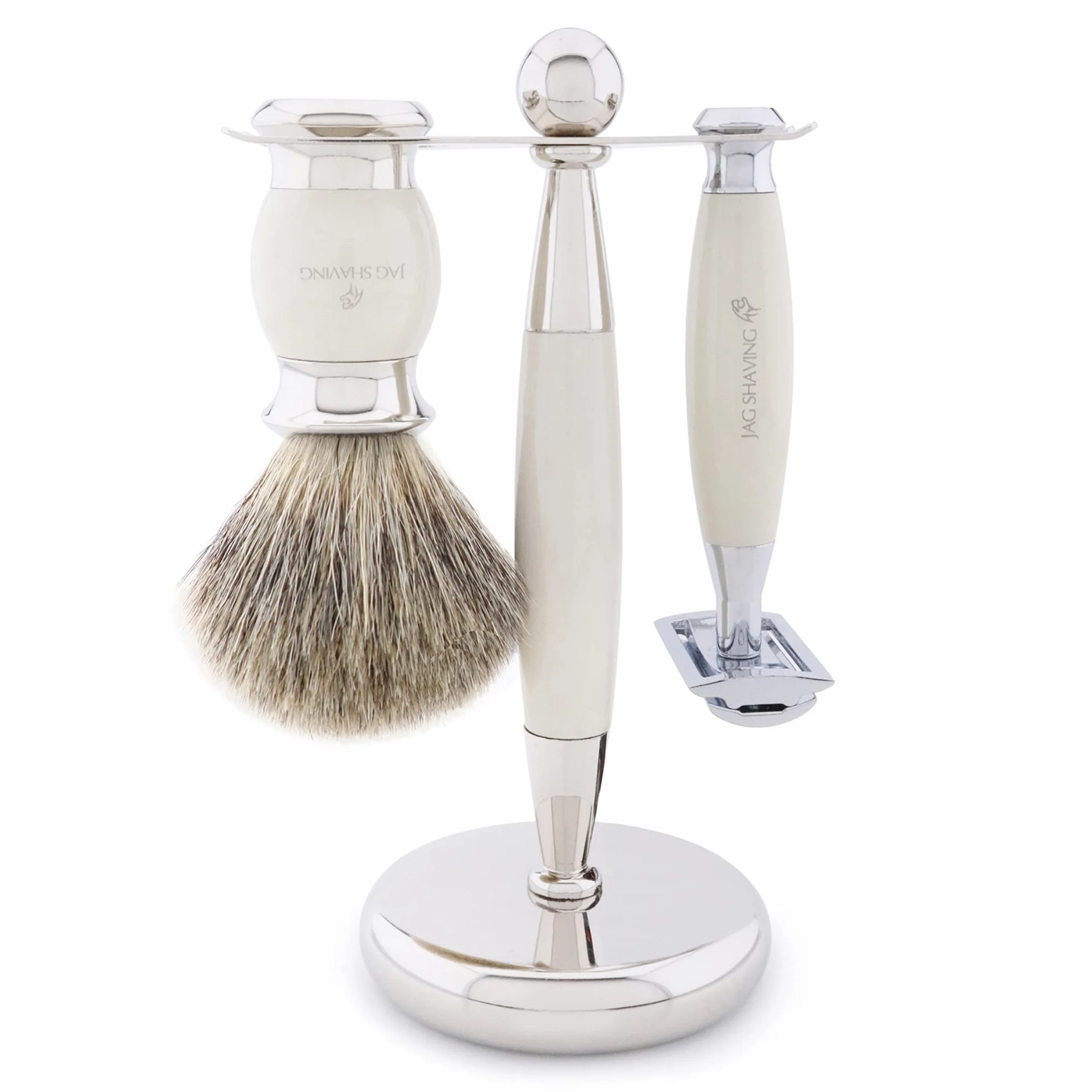 Jag Shaving JAG's Lee Range Juego de afeitado de 5 piezas, Brocha de afeitar de pelo de tejón, Cuchillas de afeitar de doble filo, Soporte de afeitado