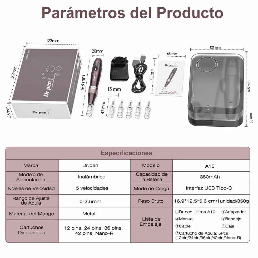 Dr.pen Ultima A10 Dermapen Profesional Inalámbrica con 5 Cartuchos para Cara y Crecimiento de Pelo