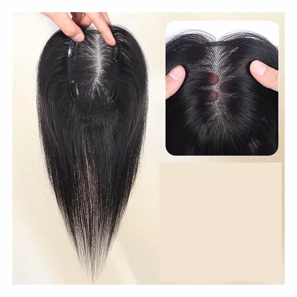 Topper para cabello humano para mujer, base de encaje suizo 9 × 14 cm, clip para cabello liso Remy extensiones de cabello (negro natural, 12 pulgadas)