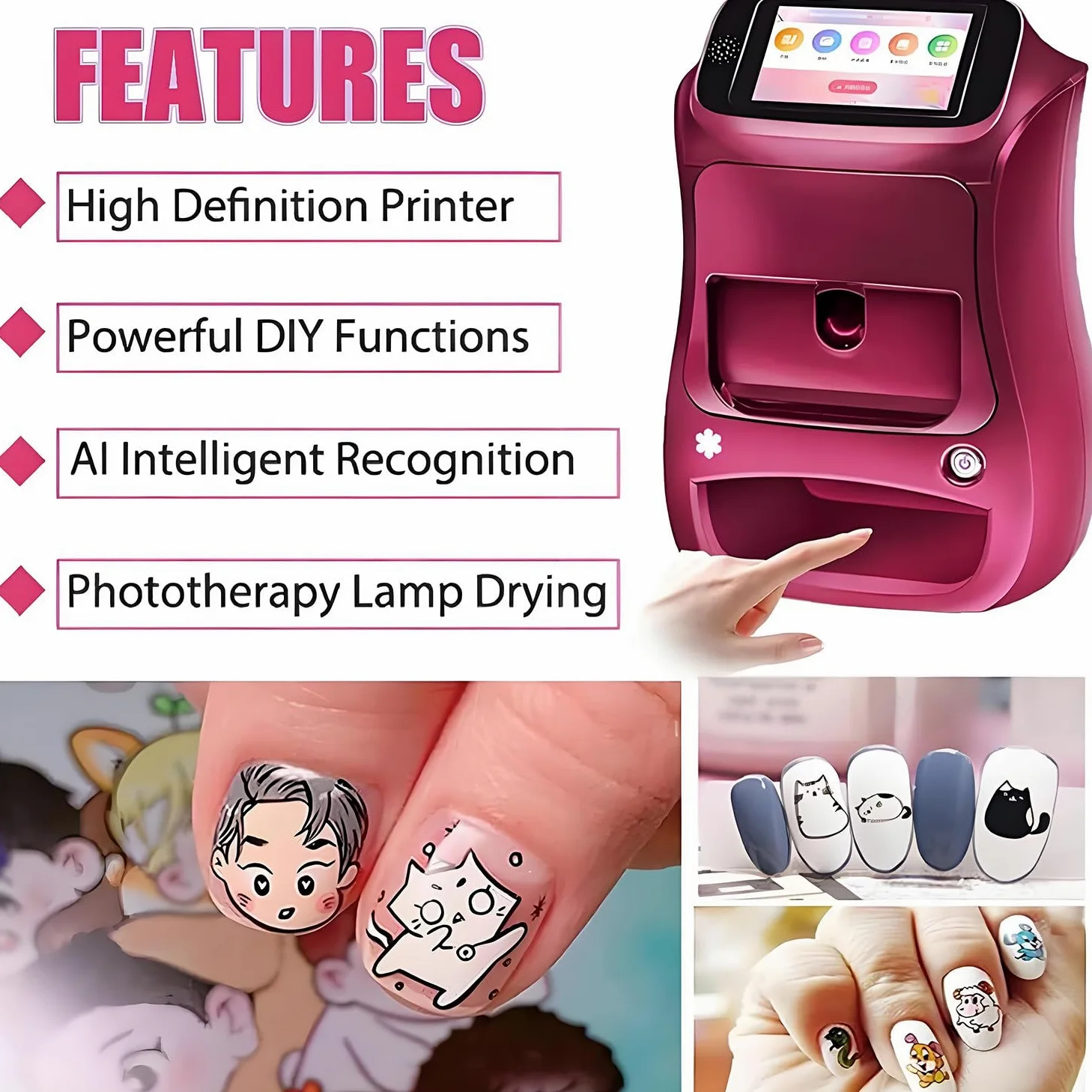 Máquina Inteligente para Pintar uñas 3D, Impresora portátil Digital móvil para decoración de uñas con Pantalla táctil, Belleza y Cuidado Personal para uñas en casa de niñas Pink