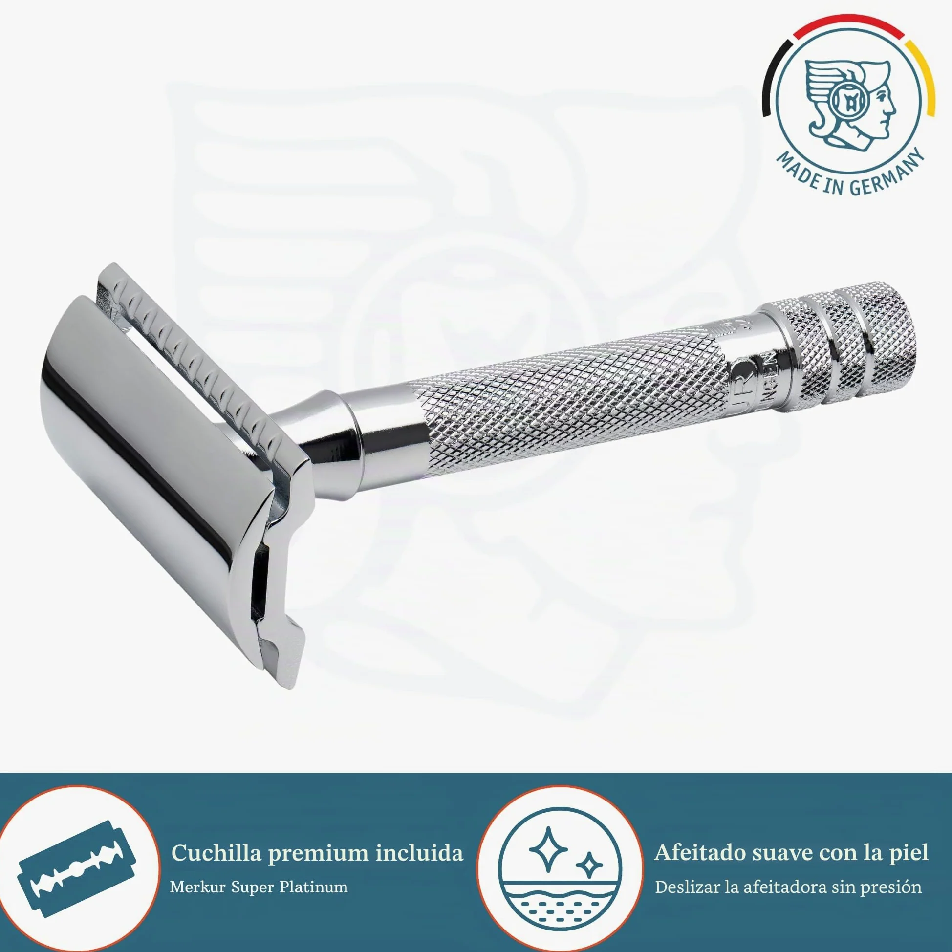 MERKUR Maquinilla de afeitar clásica cromada brillante 33C, de tres piezas con corte recto, peine cerrado, ideal para afeitado en húmedo, zinc fundido a presión, mango de latón, fabricado en Alemania