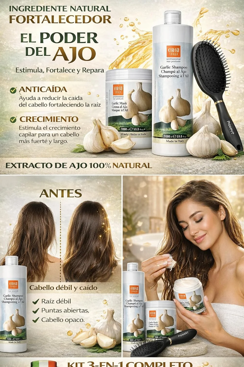 Kit Capilar de Ajo 3 Piezas Champú Mascarilla Cepillo Tratamiento Anticaída Fortalecedor