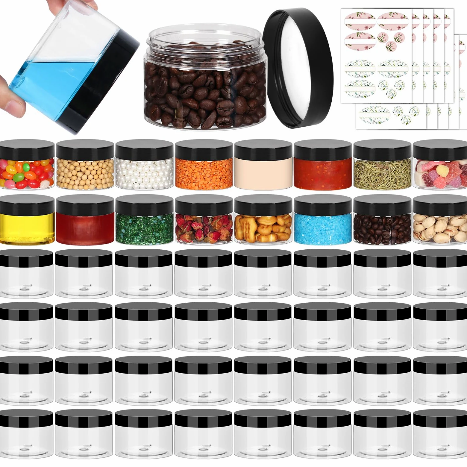 Jaisie.W Tarros de plástico transparentes de 4 onzas con tapas y etiquetas, recipientes pequeños recargables para cosméticos con tapa de rosca negra/recipientes de limo (4 onzas líquidas, 48 unidades)
