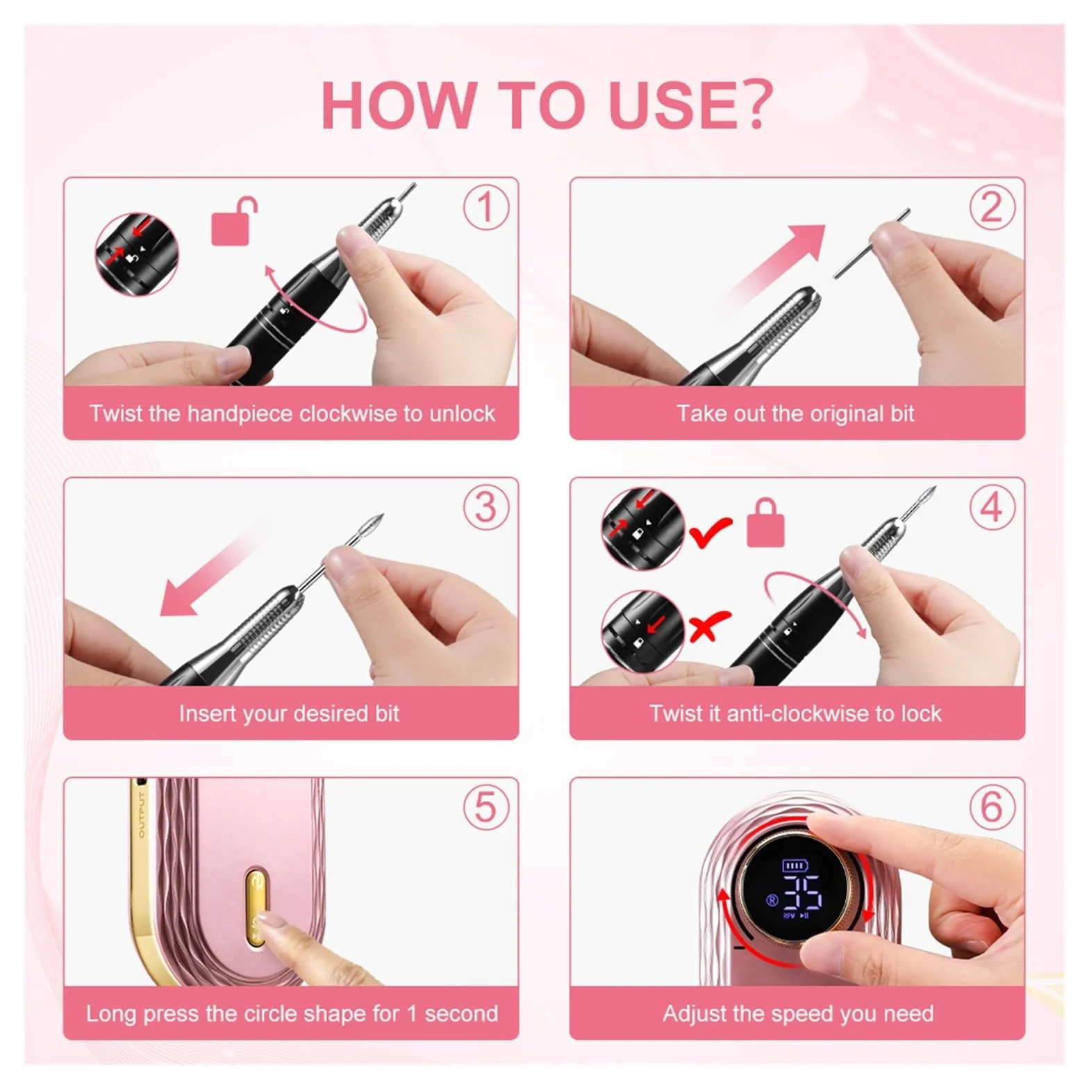 Torno para Uñas, Taladro de uñas de 35000RPM, pantalla LCD, portátil, recargable for herramientas de manicura y pedicura, equipo profesional for uñas(Nero)