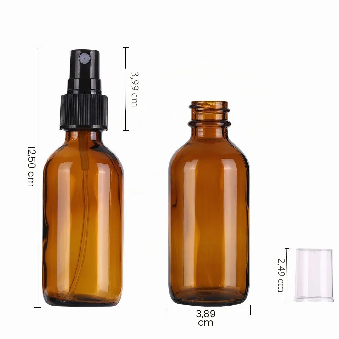 Botellas de spray de vidrio ámbar 60 ml para aceites esenciales, niebla fina recargables