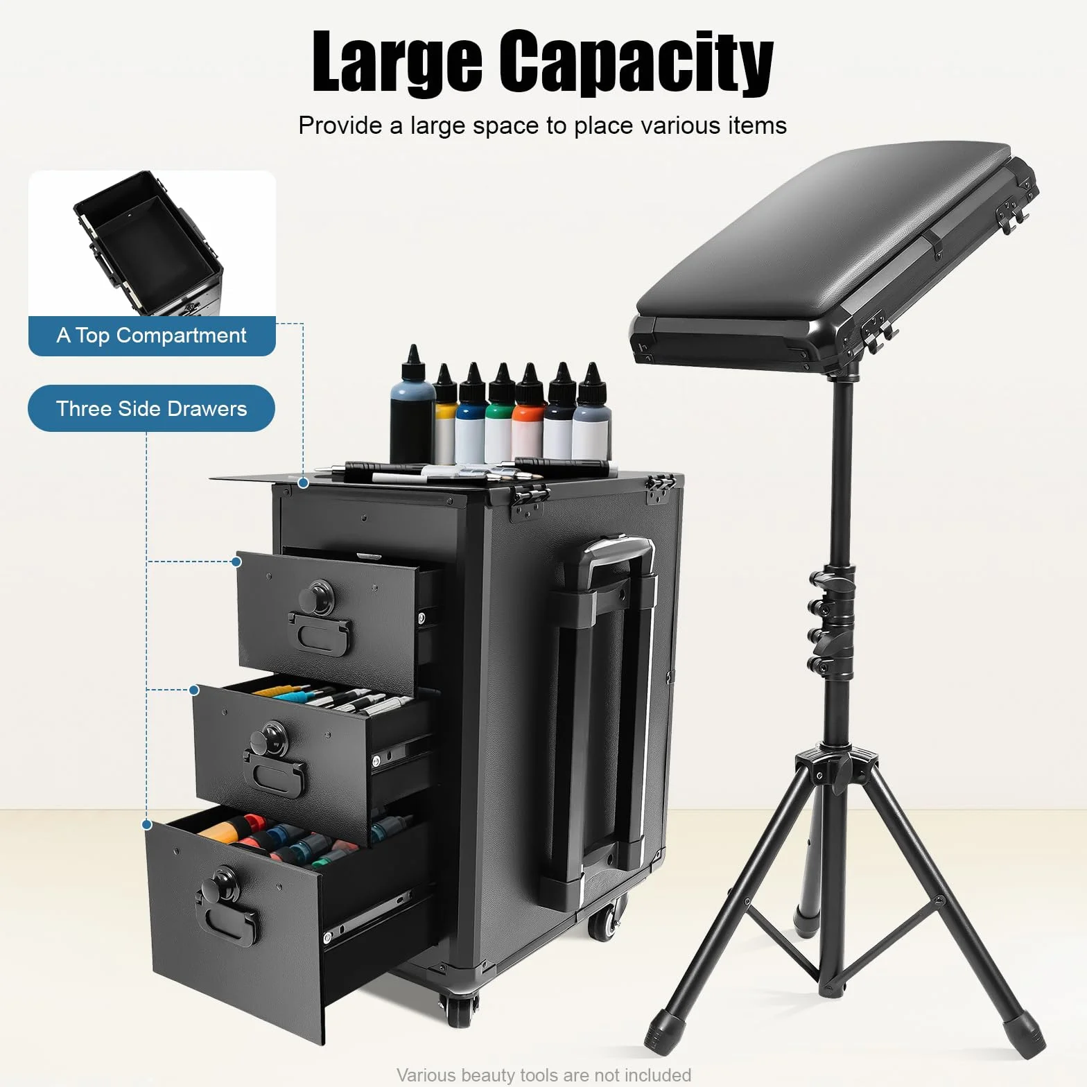 Maletín de Maquillaje 2 en 1 para Tatuajes, con Soporte para apoyabrazos Tattoo, para Tatuajes, Mesa de Maquillaje, Mesa Tattoo con Ruedas y 3 cajones (Placa metálica)