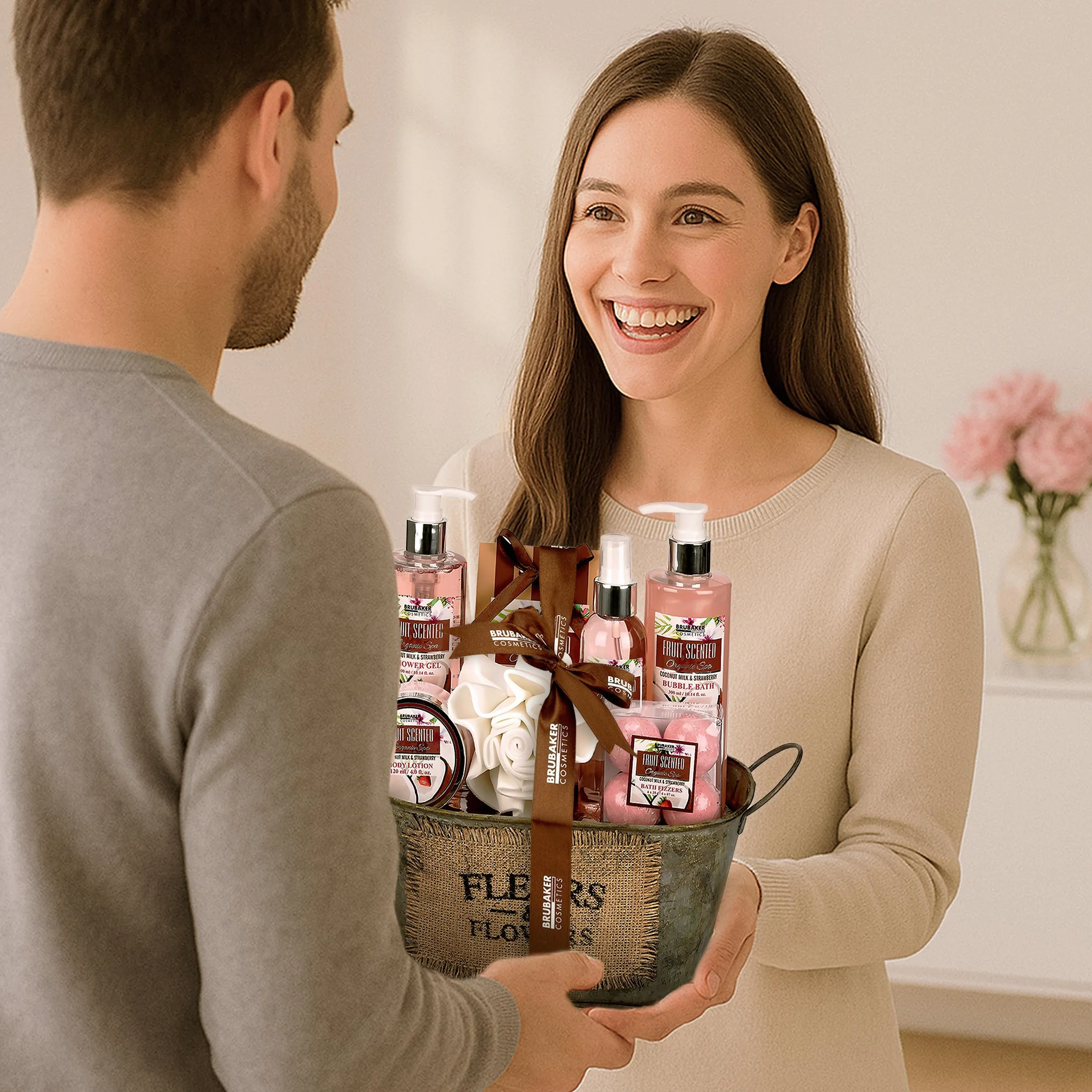 BRUBAKER Cosmetics Kit Baños Fresa-Coco 11 piezas Bañera Vintage Set Regalo Mujer Spa Baño Ducha