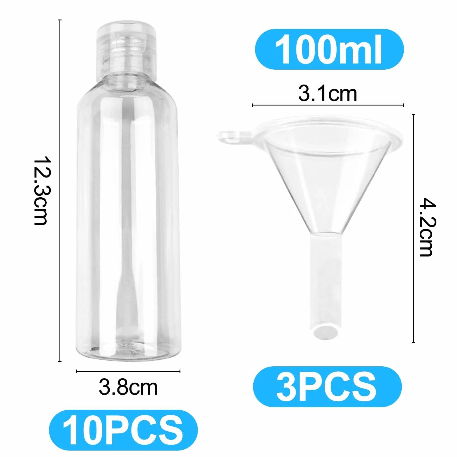 Botes Viaje Rellenables 100ml 10 Piezas, Botellas Avion Plastico con Embudos, Envases Transparentes para Gel Champu Locion