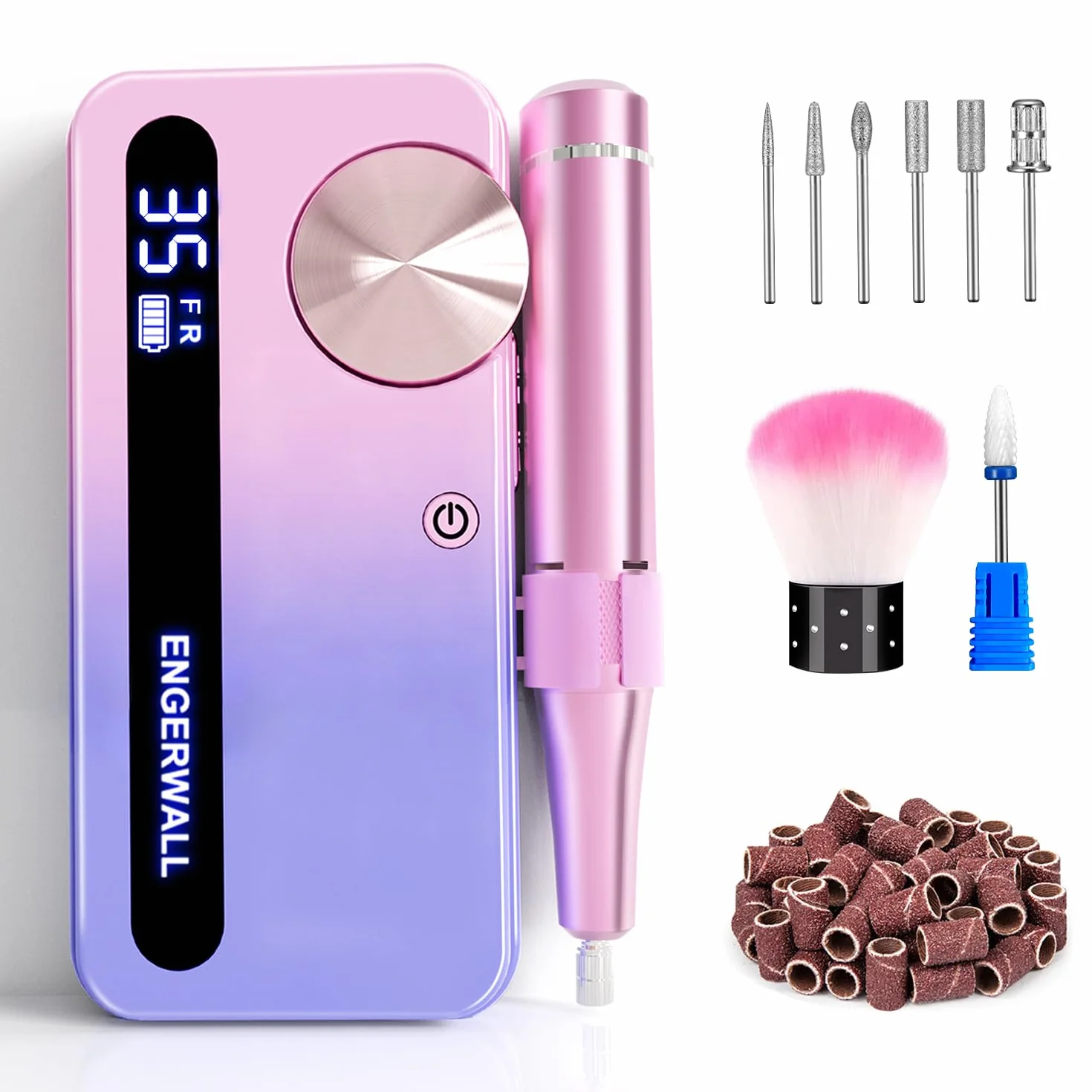 Torno para Uñas Profesional 35000 RPM, Lima Eléctrica Inalámbrica Recargable para Uñas de Gel y Acrílico, Pantalla LCD, Kit de Manicura y Pedicura con 7 Brocas y 56 Bandas, Rosa-Azul