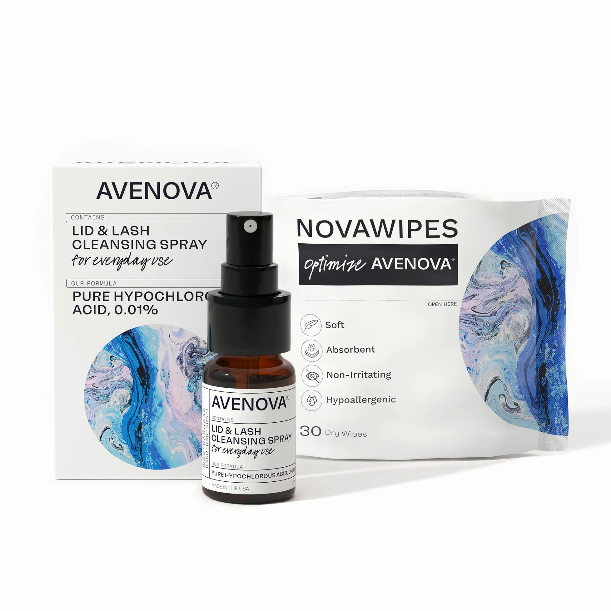 Avenova Spray limpiador de párpados y pestañas con toallitas secas, dúo de limpieza diaria con spray suave y puro ácido hipocloroso y toallitas para párpados para irritación ocular, botella de vidrio