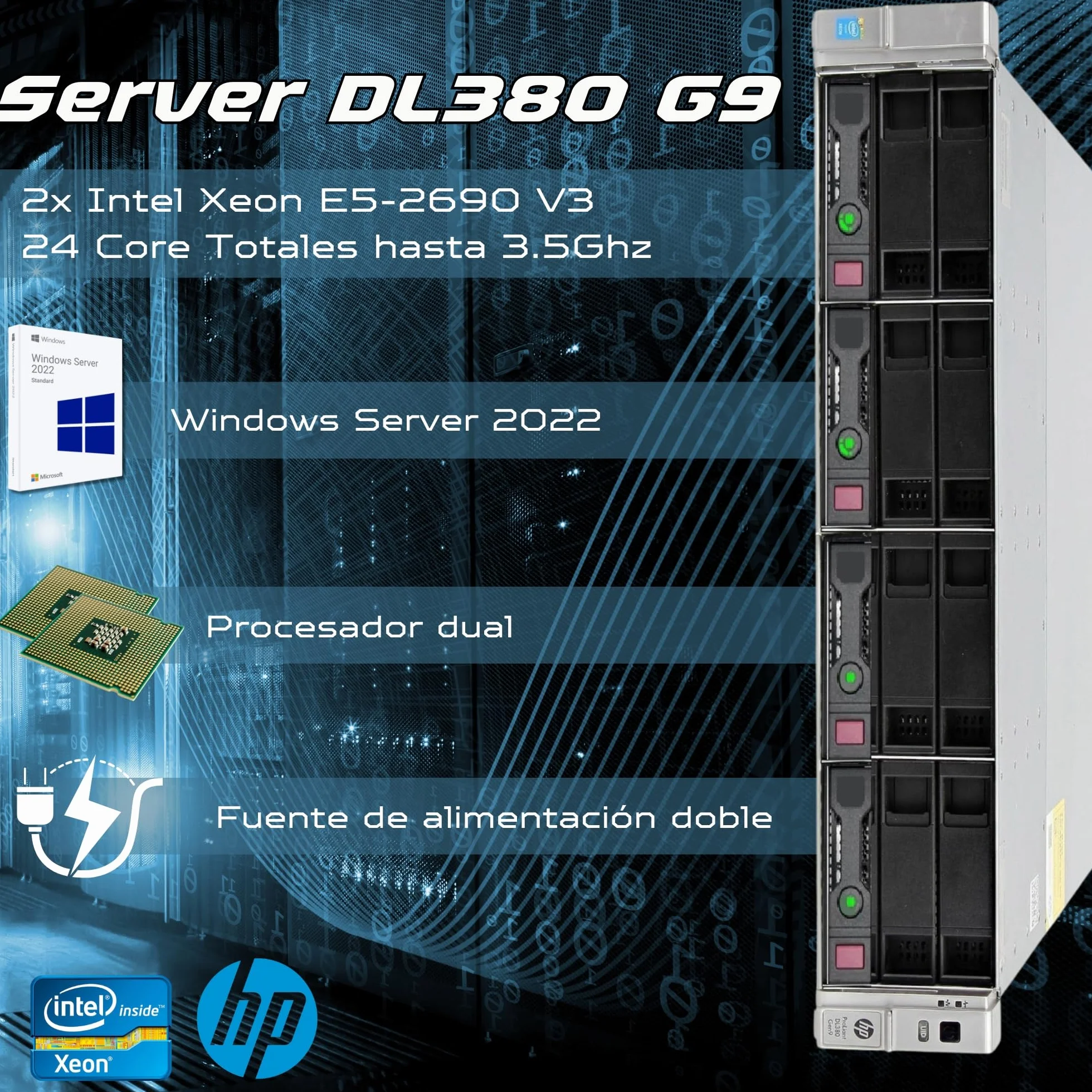 HP ProLiant DL380 Gen9 Estantería para servidor 2x Intel Xeon 2690 V3 128GB RAM 2x SAS 3.5" 4TB iLO H840 Windows Server 2022 Reacondicionado