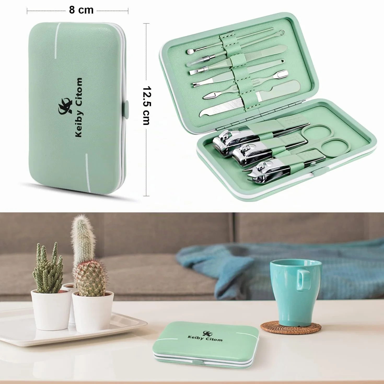 Set de Manicura Pedicura Profesional Cortaúñas Acero Inoxidable 10 Piezas Caja de Cuero Verde