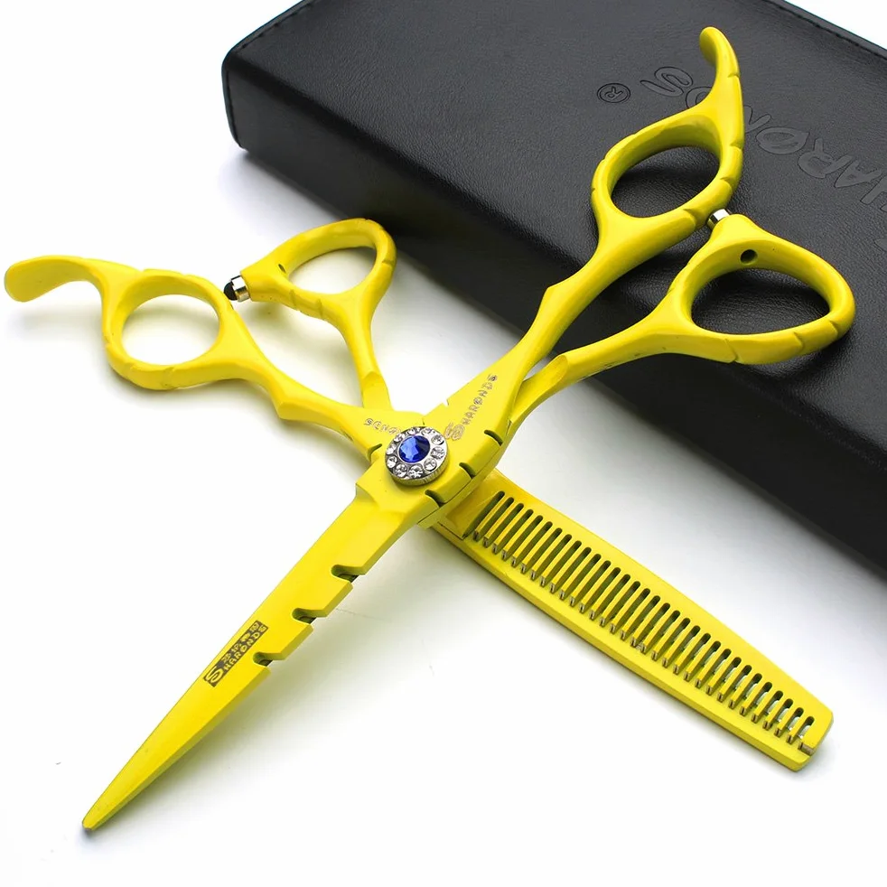 Amarillo profesional de 6 pulgadas pelo tijeras peluquería salón peluquería especial herramientas Japón acero inoxidable tijera kit de combinación (scissors set)