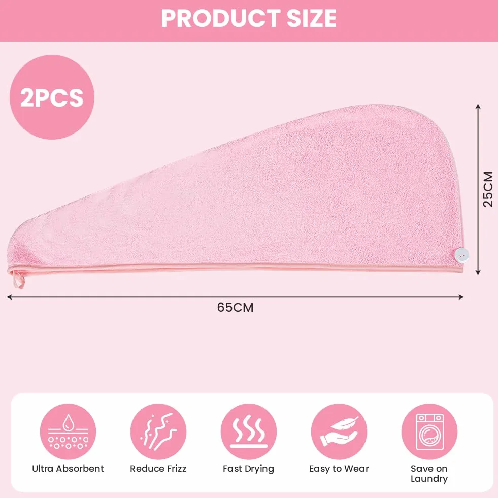 HOTUT Toalla Turbante para el Pelo Microfibra 2PCS Secado Rápido con Botón Anti-Encrespado Antideslizante Suave Cómodo Verde Rosa