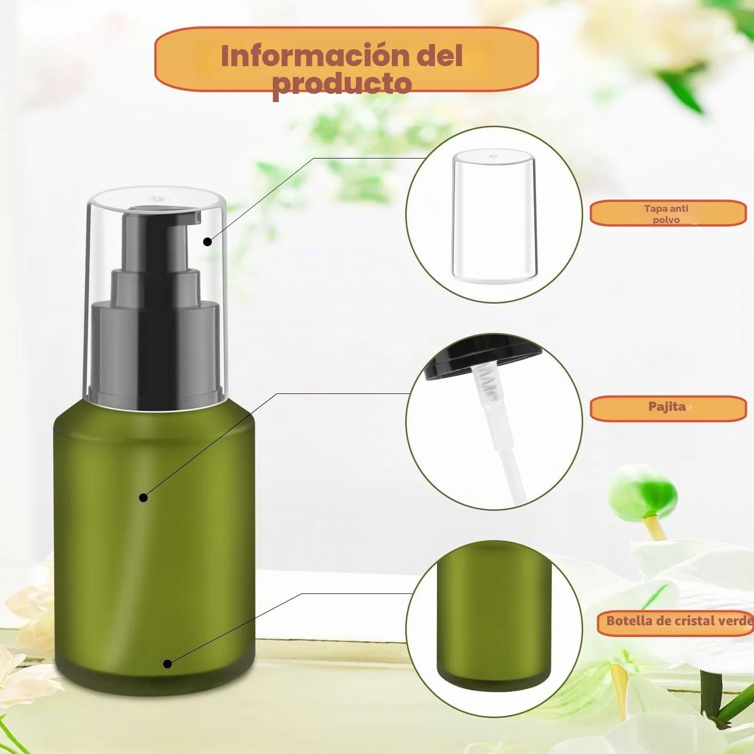 Botellas vacías de Vidrio Esmerilado Verde 60 ml con Bomba, dispensador cosméticos, frascos almacenamiento