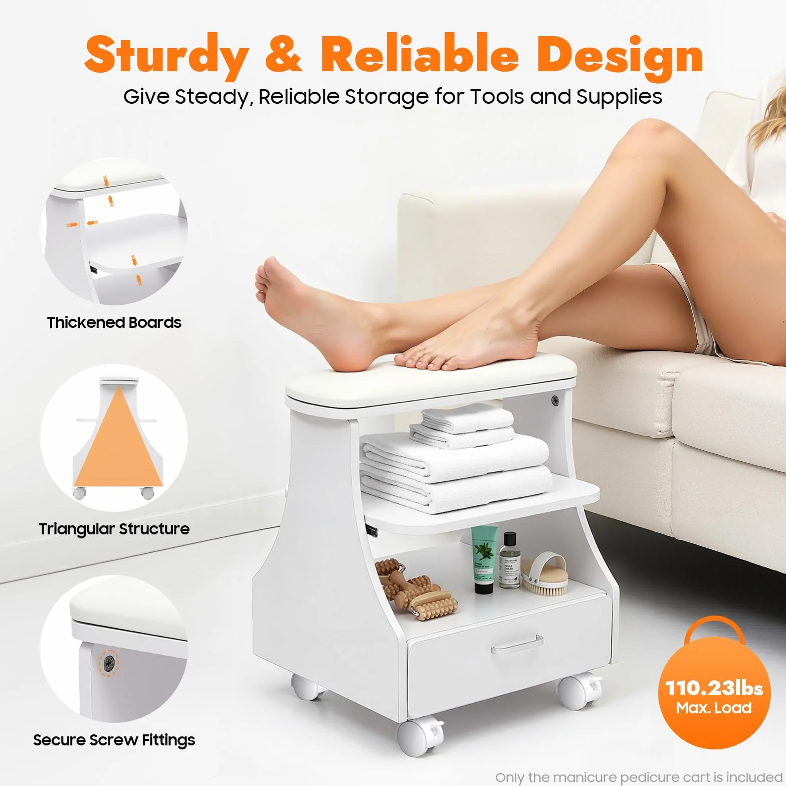 Silla de pedicura para técnico de uñas, 3 niveles, 50 kg, con 4 frenos sobre ruedas universales
