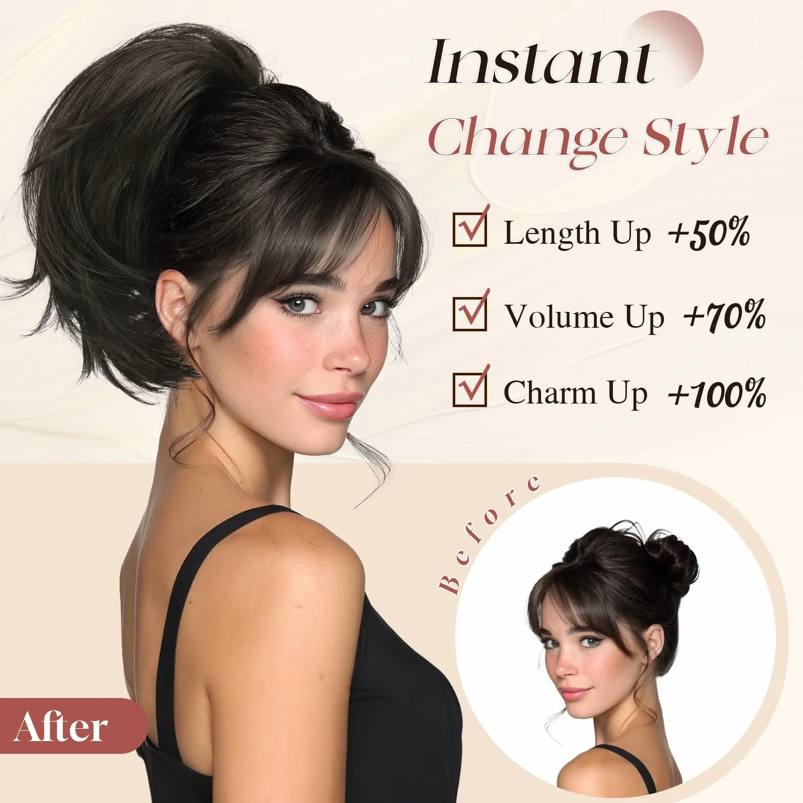 Postiza con Pinza Natural, Peluca Coleta Corta Liso con Alambre Flexible para Peinados DIY, Extensiones Sintéticas de Cola de Caballo para Mujeres, Negro Marrón