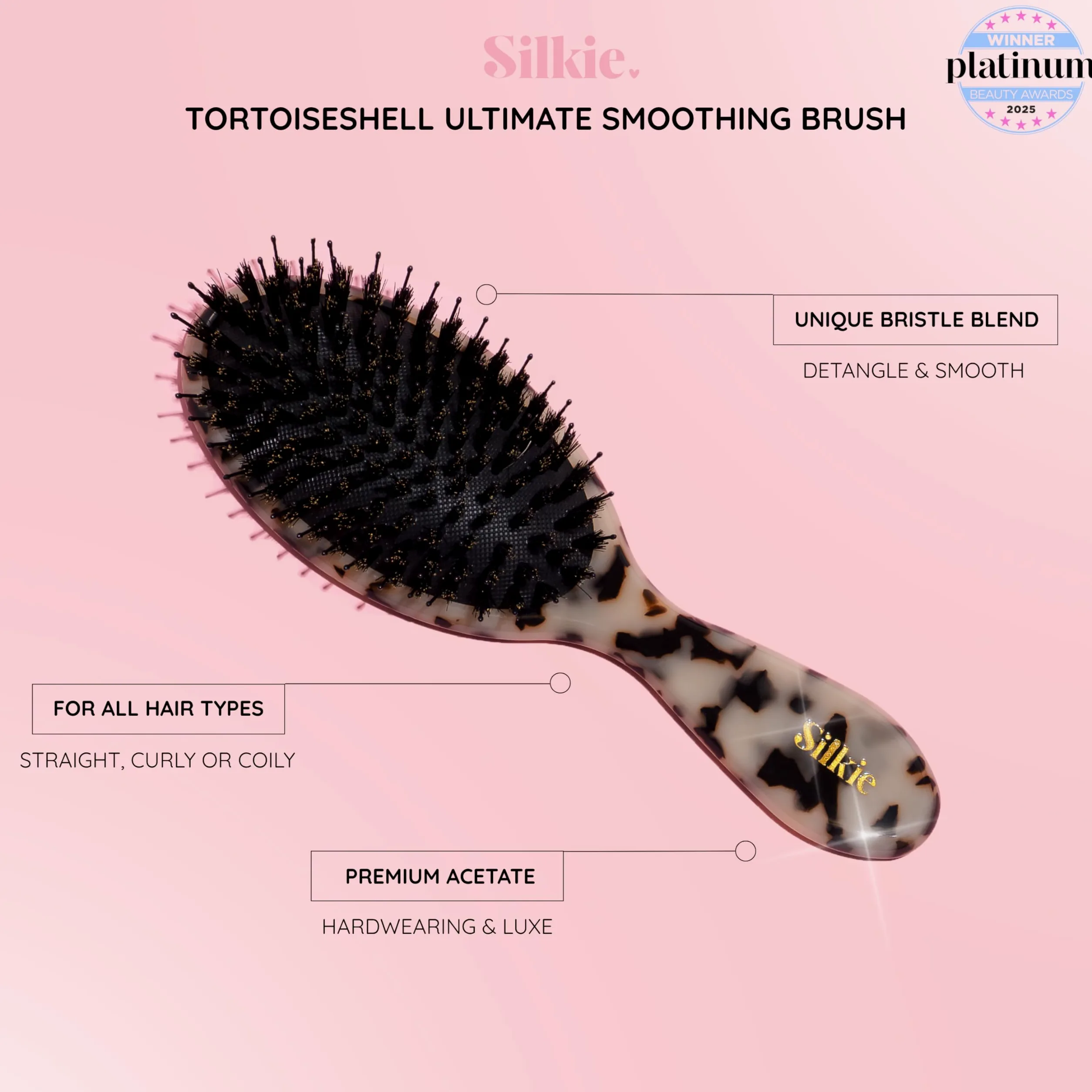 Silkie Ultimate Smoothing - Cepillo de acetato con cerdas de jabalí para desenredar, alisar y pulir contra el encrespamiento para extensiones y pelucas de pelo fino, rizado, liso y grueso