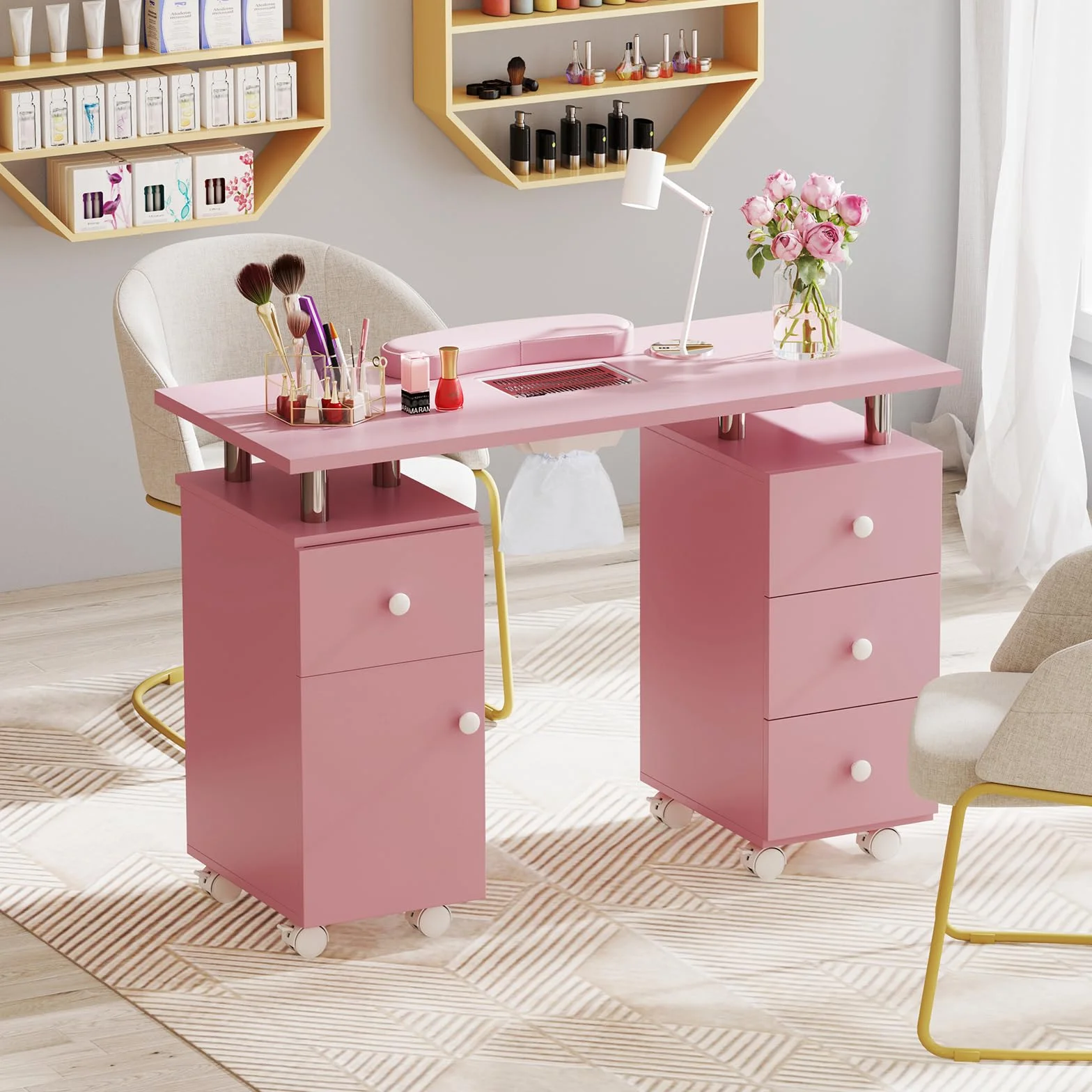 COSTWAY Mesa de Manicura con Aspirador Eléctrico, 3 Bolsas para Polvo, Reposamuñecas, 6 Cajones, Mesa para Uñas con 8 Ruedas, Mesa Manicura Profesional para Salones de Belleza, 108x45x76 cm (Rosa)