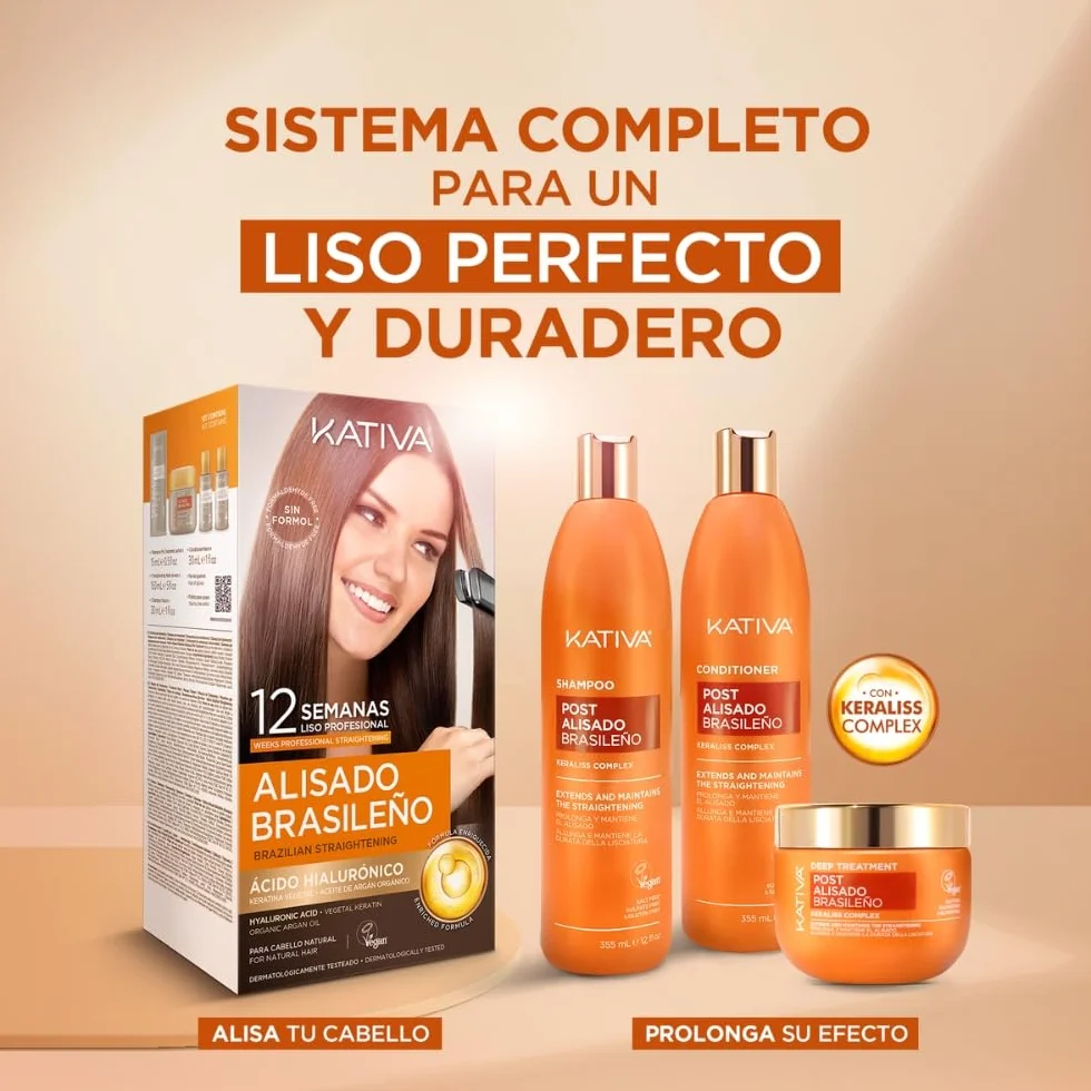 KATIVA Kit Post Alisado Brasileño Champú Acondicionador Mascarilla 225 ml Keratina Vegetal Ácido Hialurónico