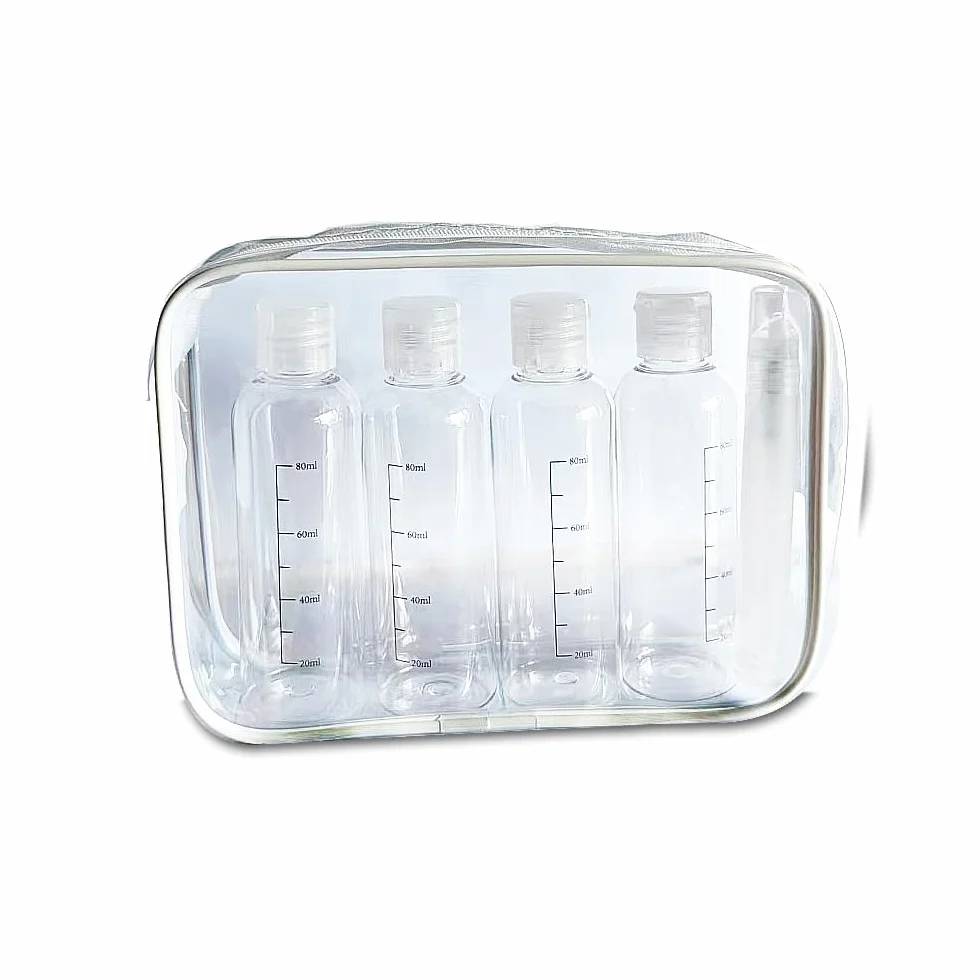Neceser de Viaje Transparente con Botellas Vacías 100ml y Spray 10ml, Kit de Viaje Avión 4 PCS