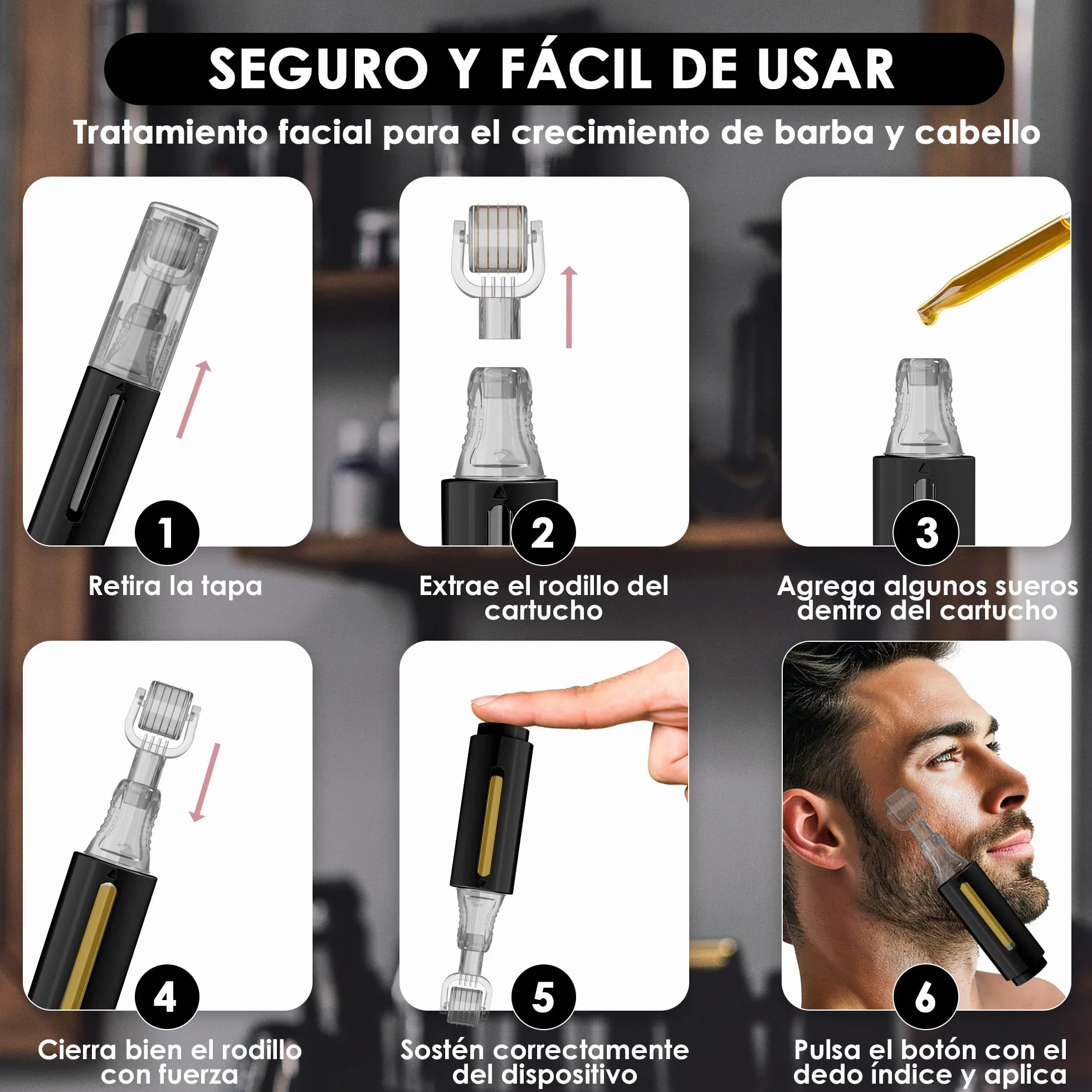 HAMINOS Derma Roller 0,5 mm con Depósito para Cabello, Barba, Piel, 105 Agujas de Titanio