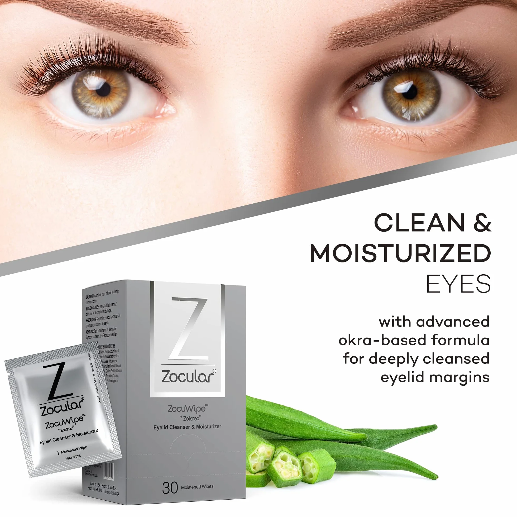 Zocular ZocuWipe - Toallitas limpiadoras de párpados con complejo de okra natural, limpiador diario suave de párpados y almohadillas hidratantes, desmaquillante y toallitas higiénicas para los ojos
