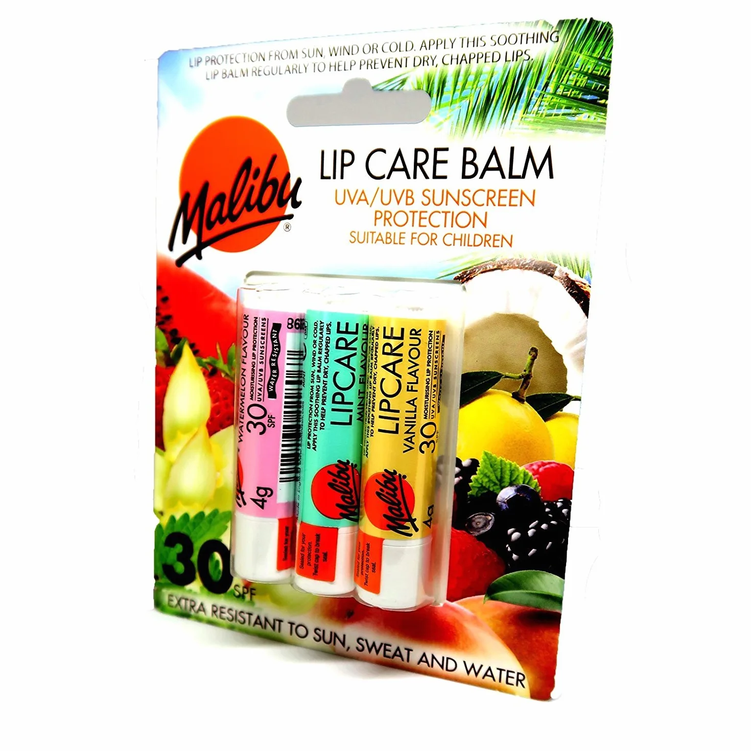 Malibu Bálsamo Labios SPF30 UVA/UVB Protección Solar 3 Paquetes