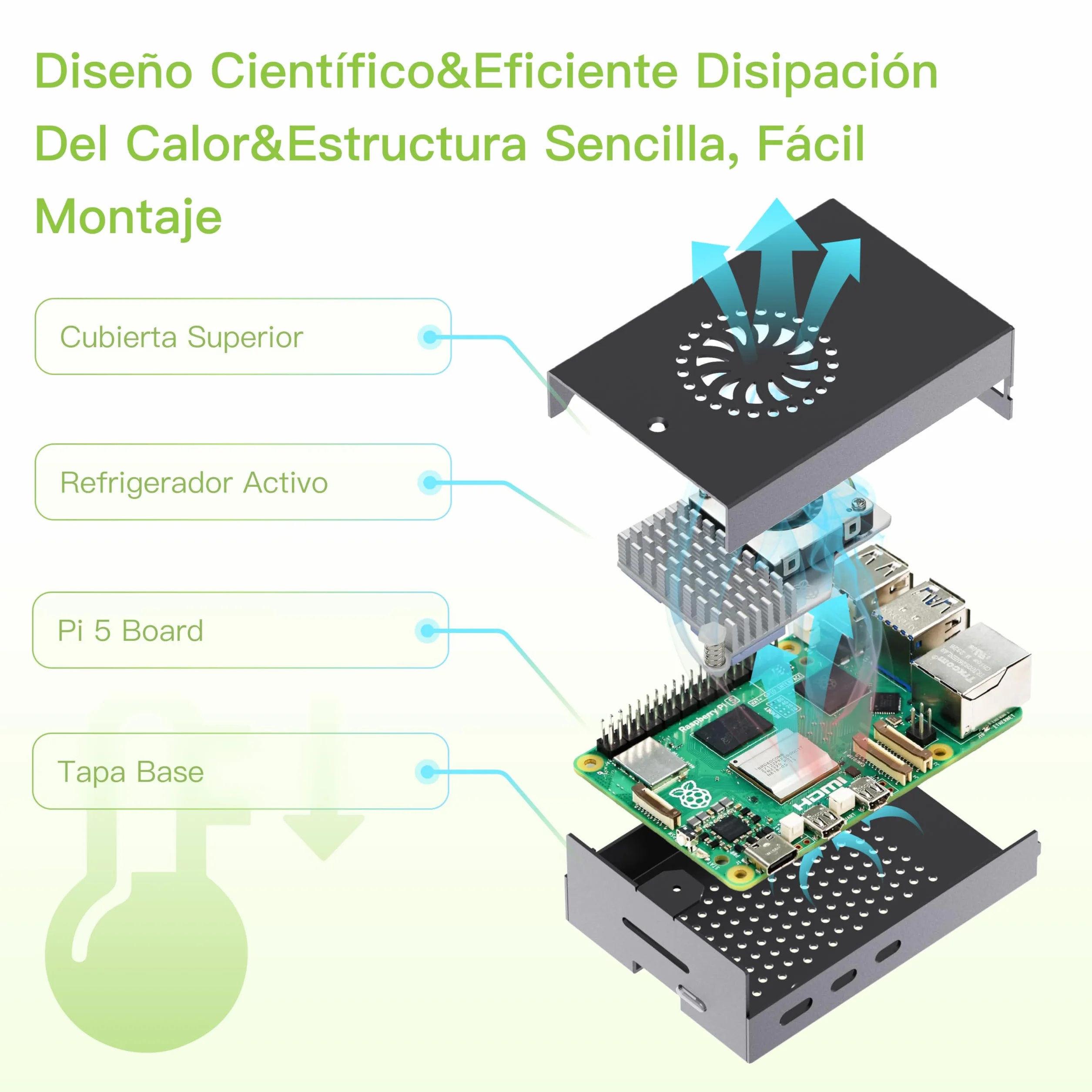 iRasptek Starter Kit para Raspberry Pi 5 8GB RAM 128GB OS-Bookworm Caja de Aluminio