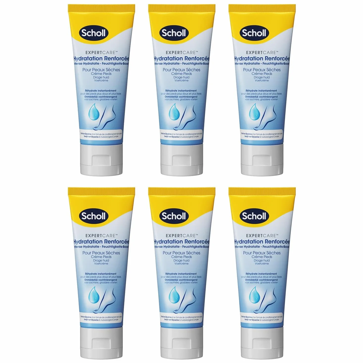SCHOLL Crema hidratante intensificada para piel seca, 75 ml, paquete de 6
