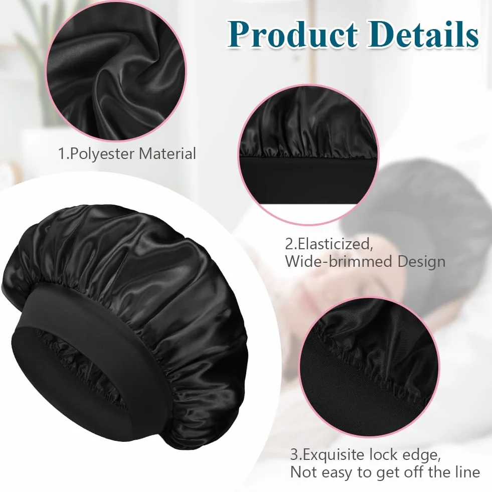 Flintronic 2 Piezas Capó de Satén de Seda, Gorro de Seda para Dormir con Banda Ancha Elástica, Negro