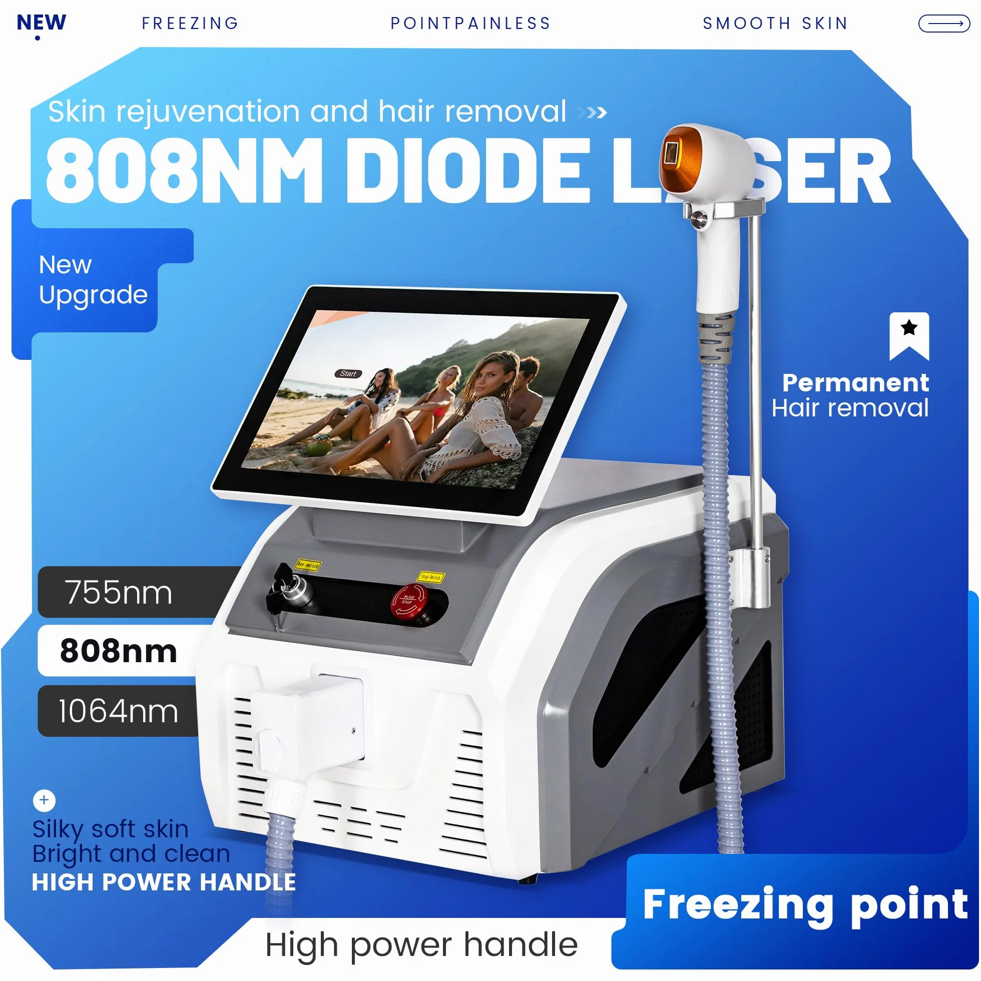 Dispositivo de depilación láser de diodo 808nm 3 en 1 755nm+1064nm con refrigeración pantalla táctil HD