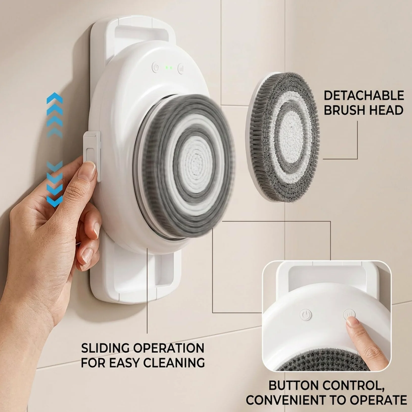 Fregadora de espalda eléctrica para pared de ducha, cepillo de ducha automático manos libres, 3 velocidades, cabezal de 18cm