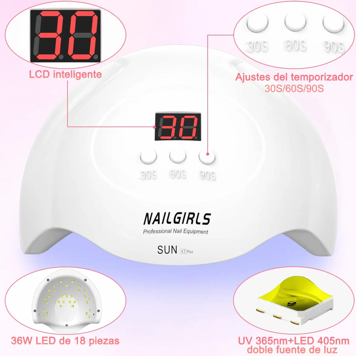 NAILGIRLS Lámpara UV LED 36W con 3 Temporizadores 18 Cuentas de Luz para Uñas Secador Profesional Pantalla LCD