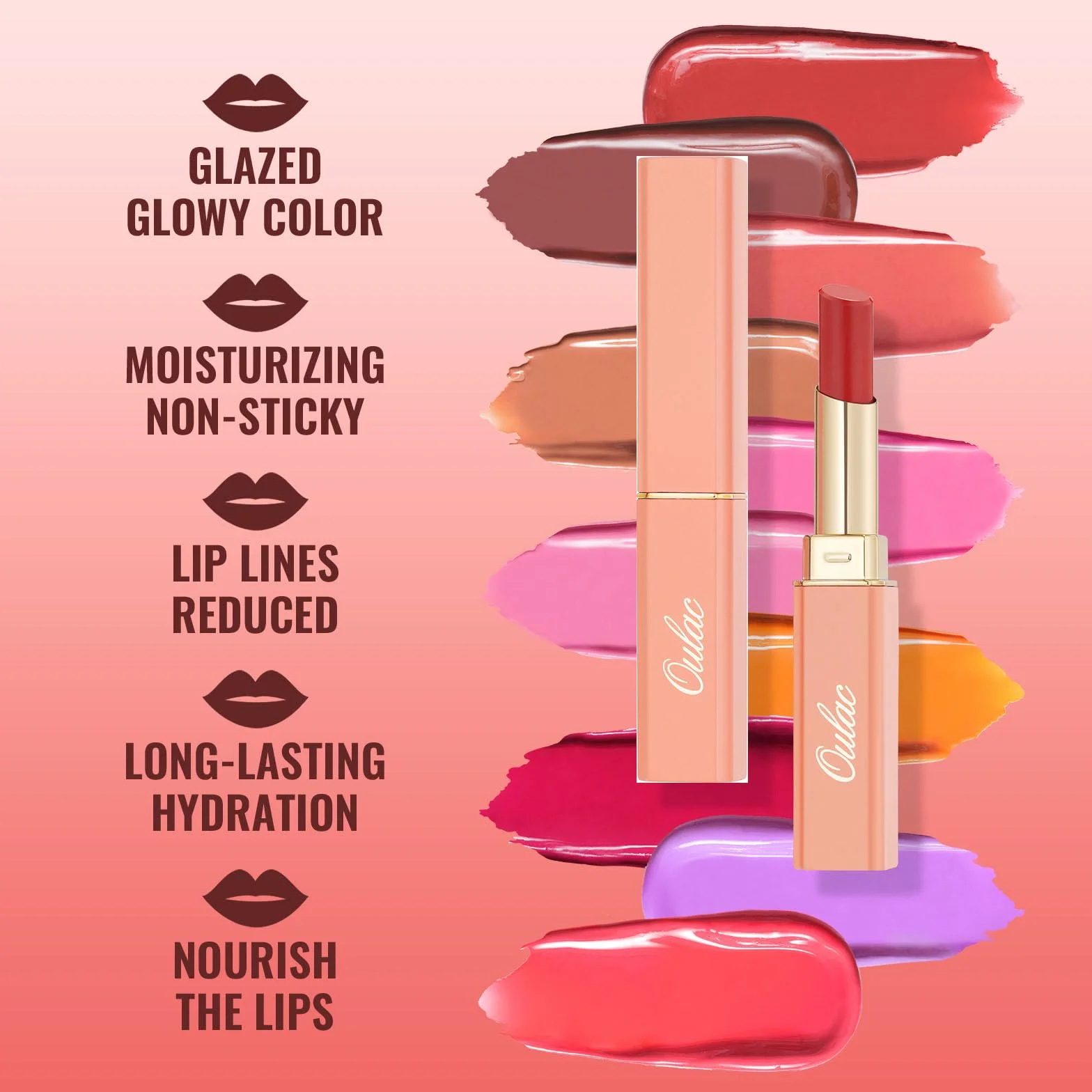 Oulac Labial Hidratante Coral 04 - Barra de Labios Brillo con Manteca de Karité, Alta Pigmentación, Vegano