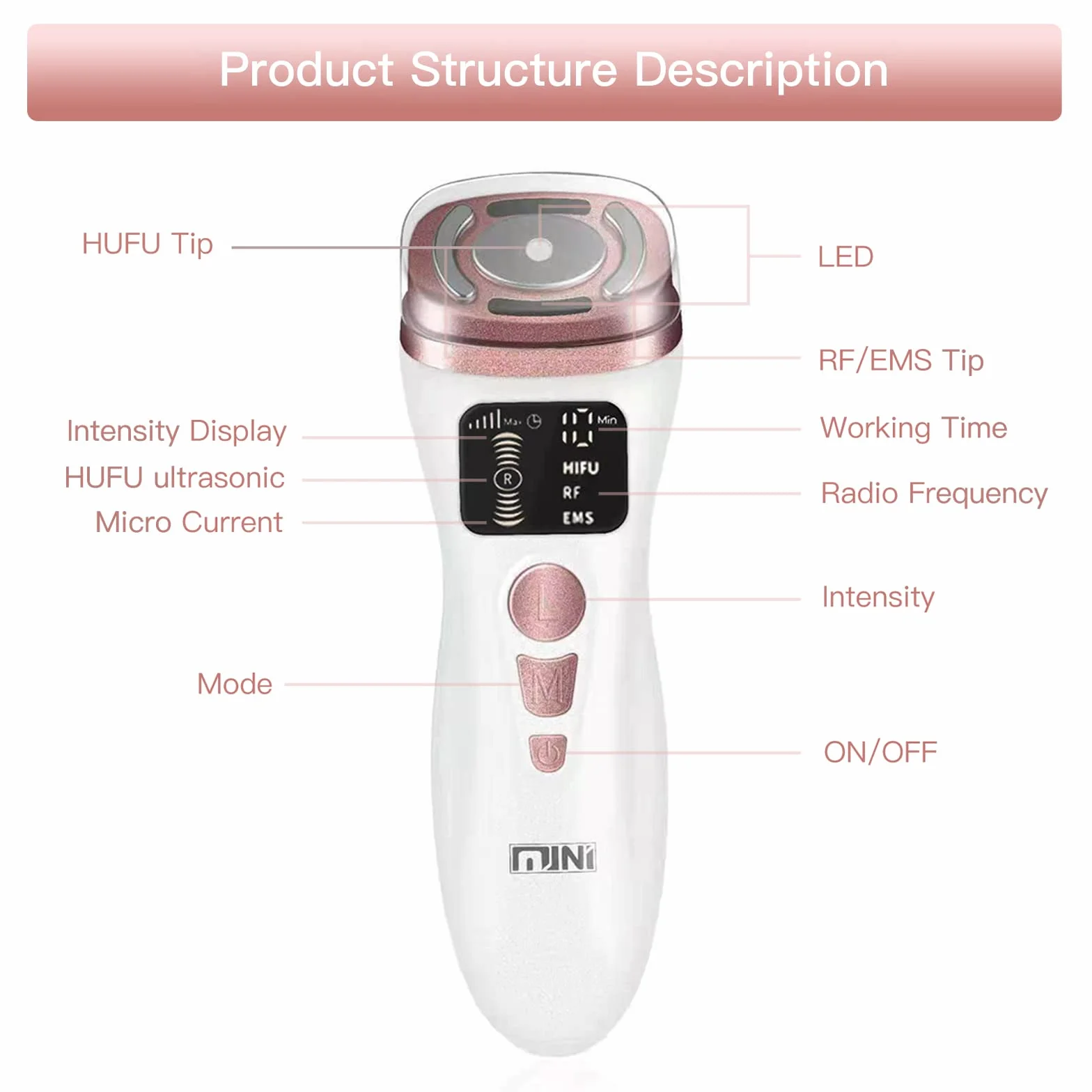 Máquina Hifu Facial Portátil 3 en 1 HIFU RF EMS Antienvejecimiento para Mujeres Cuello Mentón Ojos