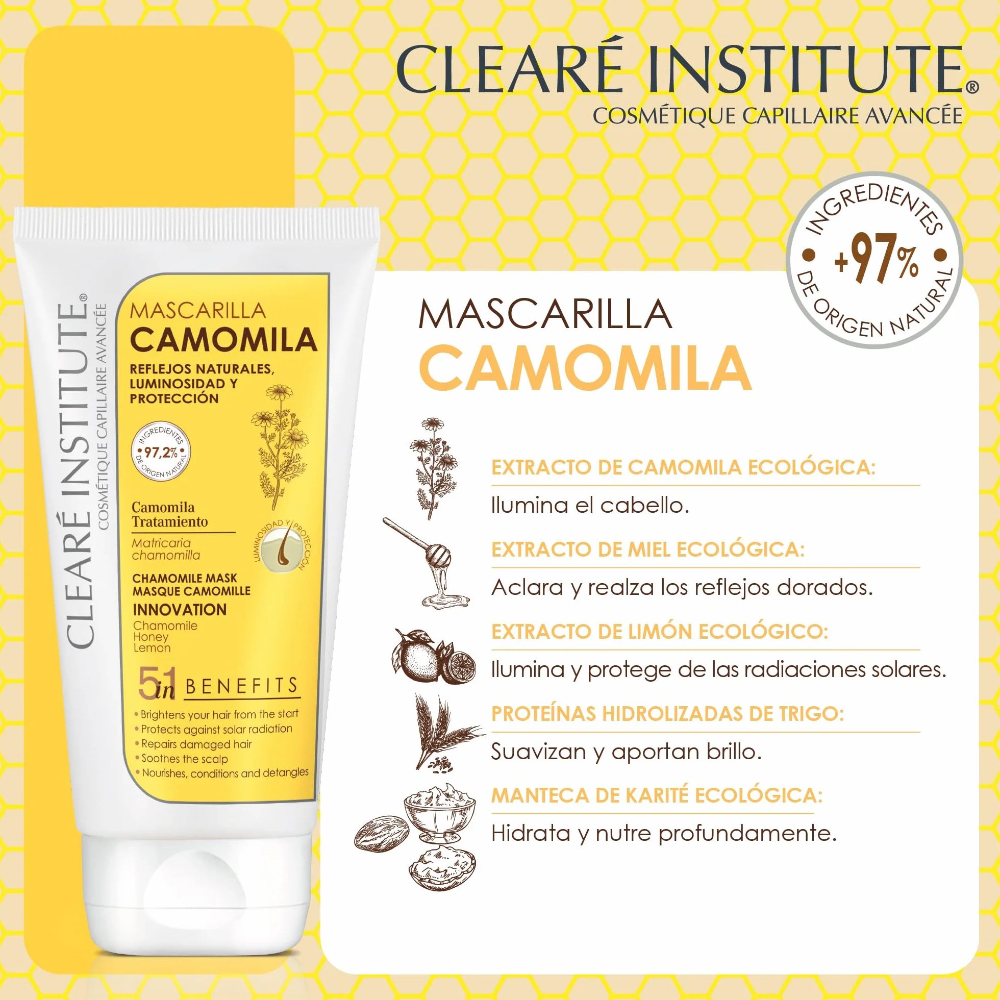 Mascarilla Camomila Natural 150 ml Sin Sulfatos SLS SLES Parabenos Siliconas Nutre Aclara Pelo Rubio Castaño 97% Ingredientes Naturales