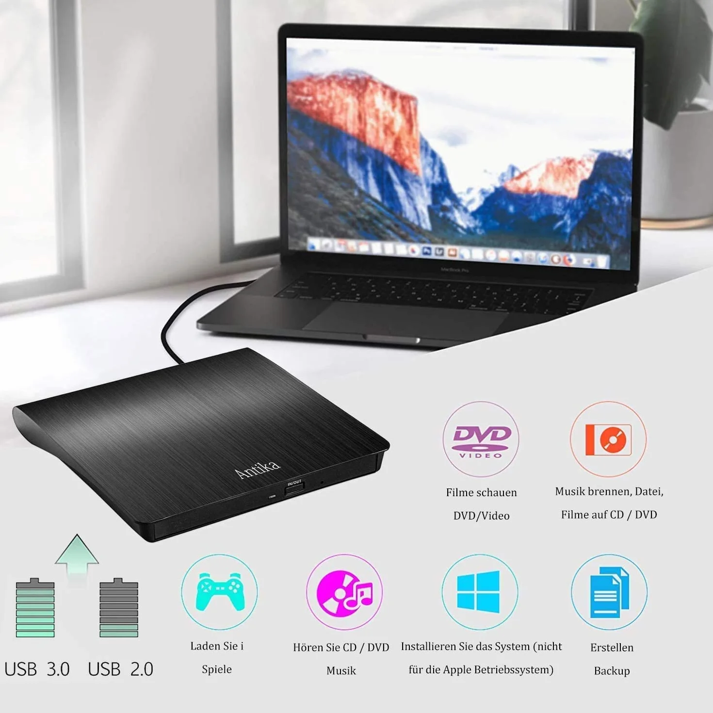 Antika Grabadora de DVD/CD +/-RW USB 3.0 Externa Portátil Ultrafino Compatible con Laptop PC Mac Windows