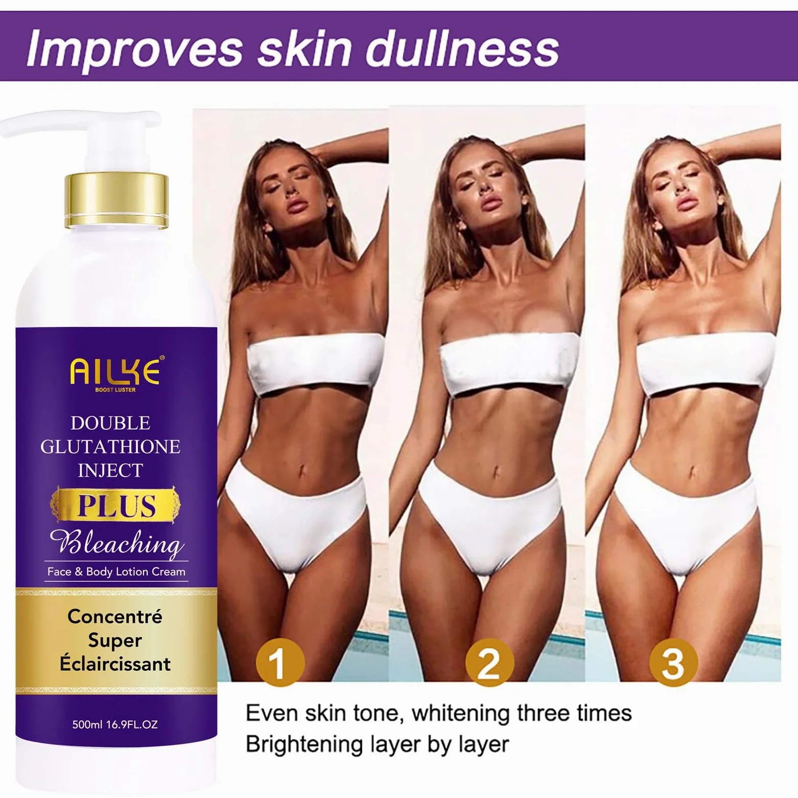 AILKE Double Glutathione Plus Loción corporal blanqueadora, blanquea, reduce las manchas oscuras y las manchas, hidratante profunda, crema corporal suave y limpia para la piel, 500 ml (3 botellas)