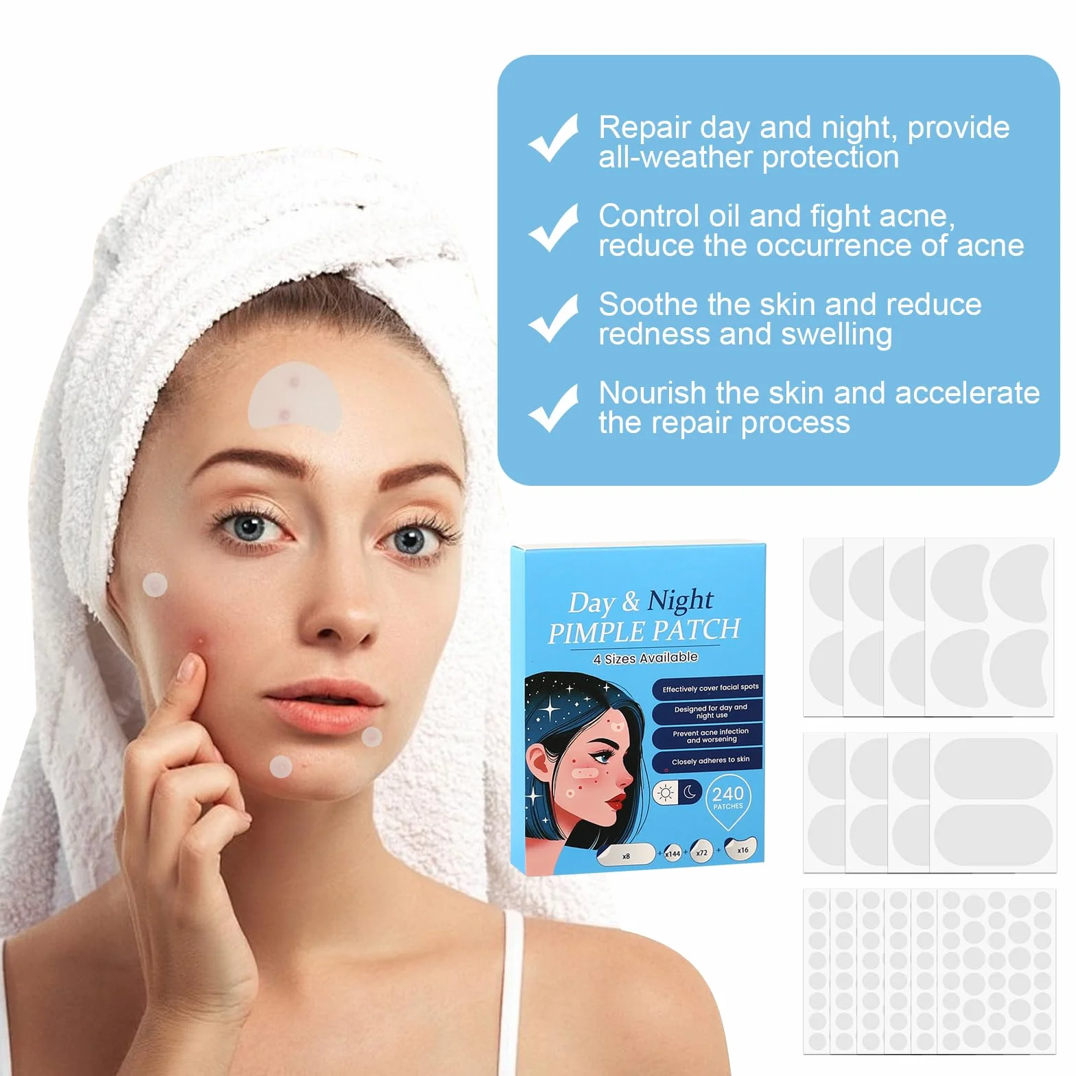 Parches Granos 240 Piezas Pimple Patches con Aceite del árbol del Té Diurno y Nocturno Acne Patch Invisibles