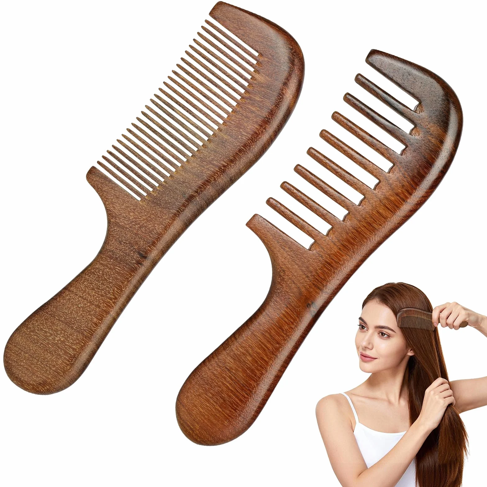 Peine de Sándalo Dorado 100% Natural, 2 Piezas para Cabello, Madera Puas Anchas+Finos, Antifrizz, Todo Tipo de Pelo