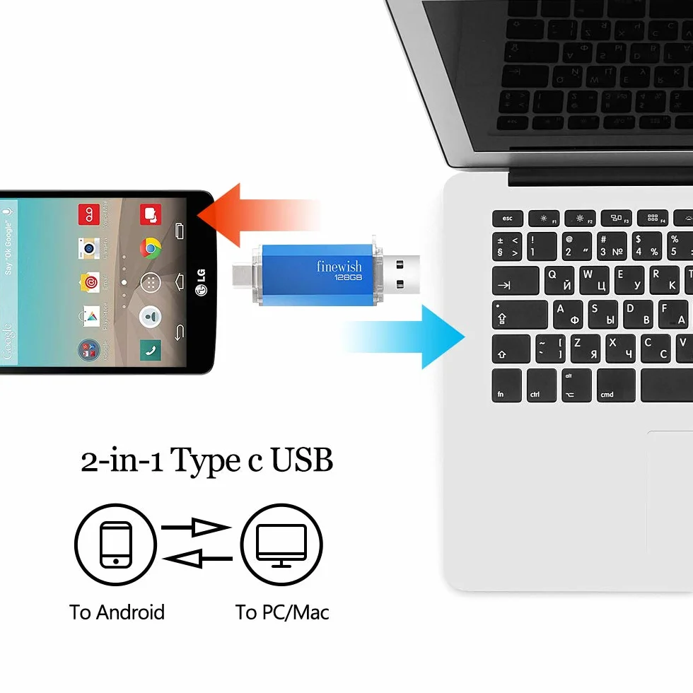 Memoria USB 128GB Tipo C 2 en 1 Pen Drive USB C USB 2.0 Flash para Smartphones Android PC Tabletas Azul