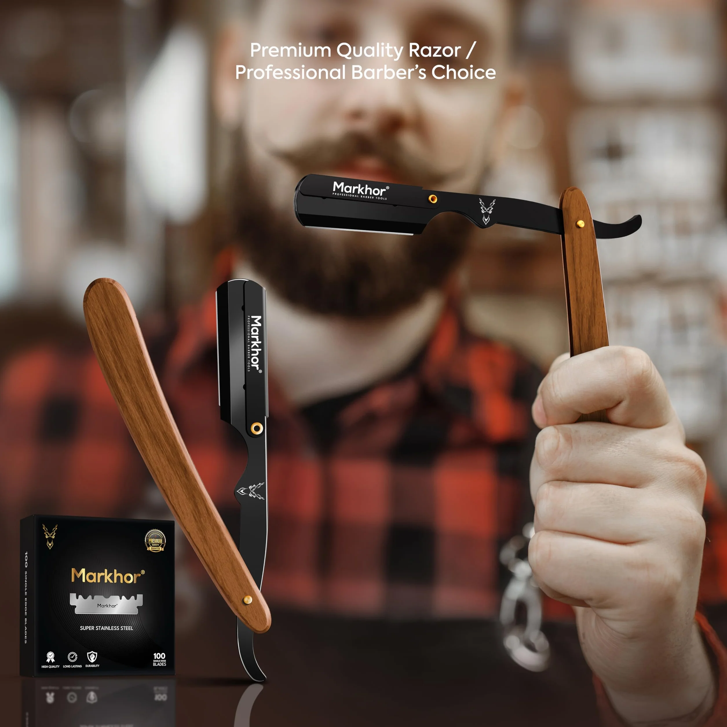 MARKHOR Professional Straight Razor for Men, 100 Blades, Black Matte Wood, Classic Barber Shaving Kit