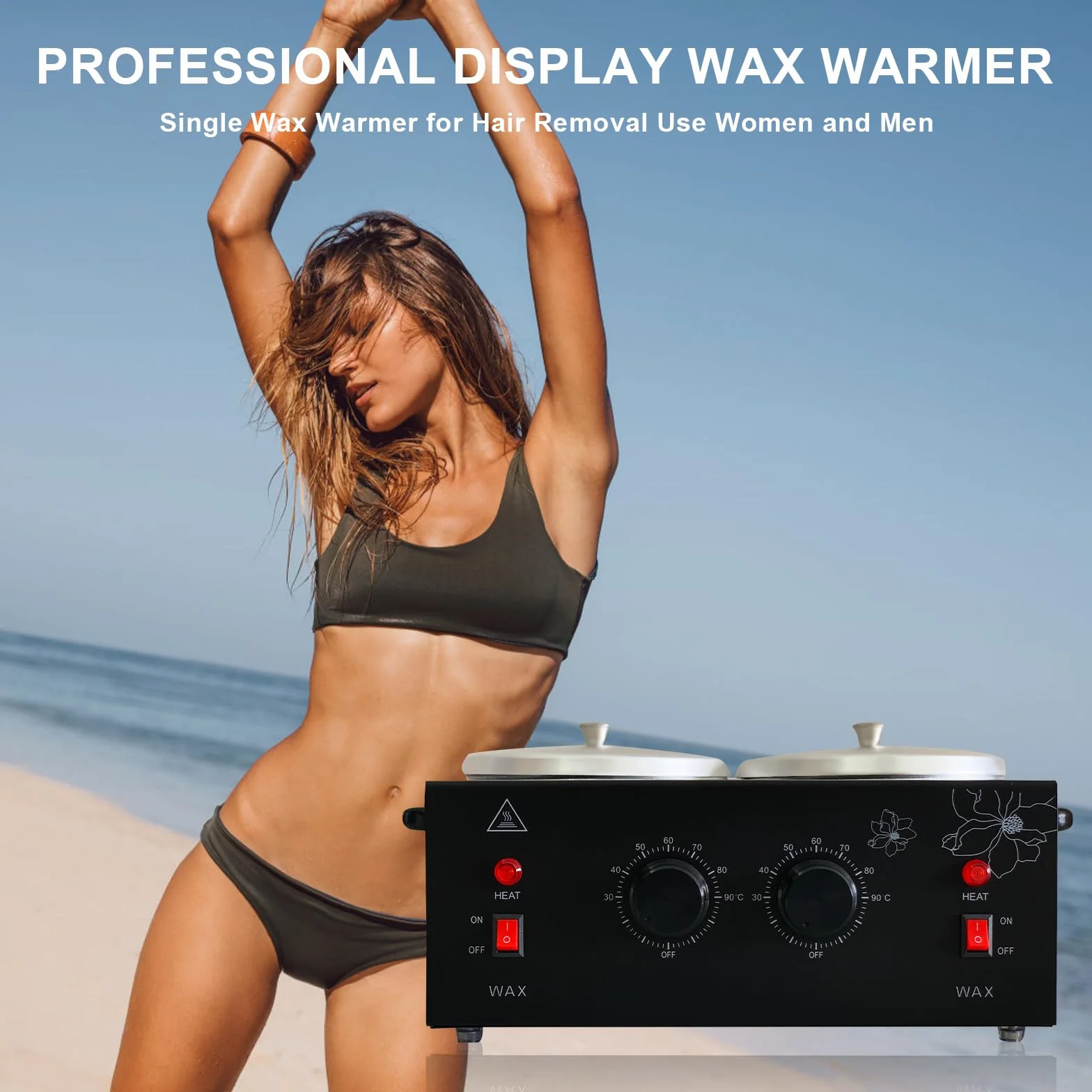 Calentador de cera negro con cuentas de cera derretida profesional para depilación, calentador de cera eléctrico rápido con juego de temperatura ajustable para mujeres (ollas dobles negras)