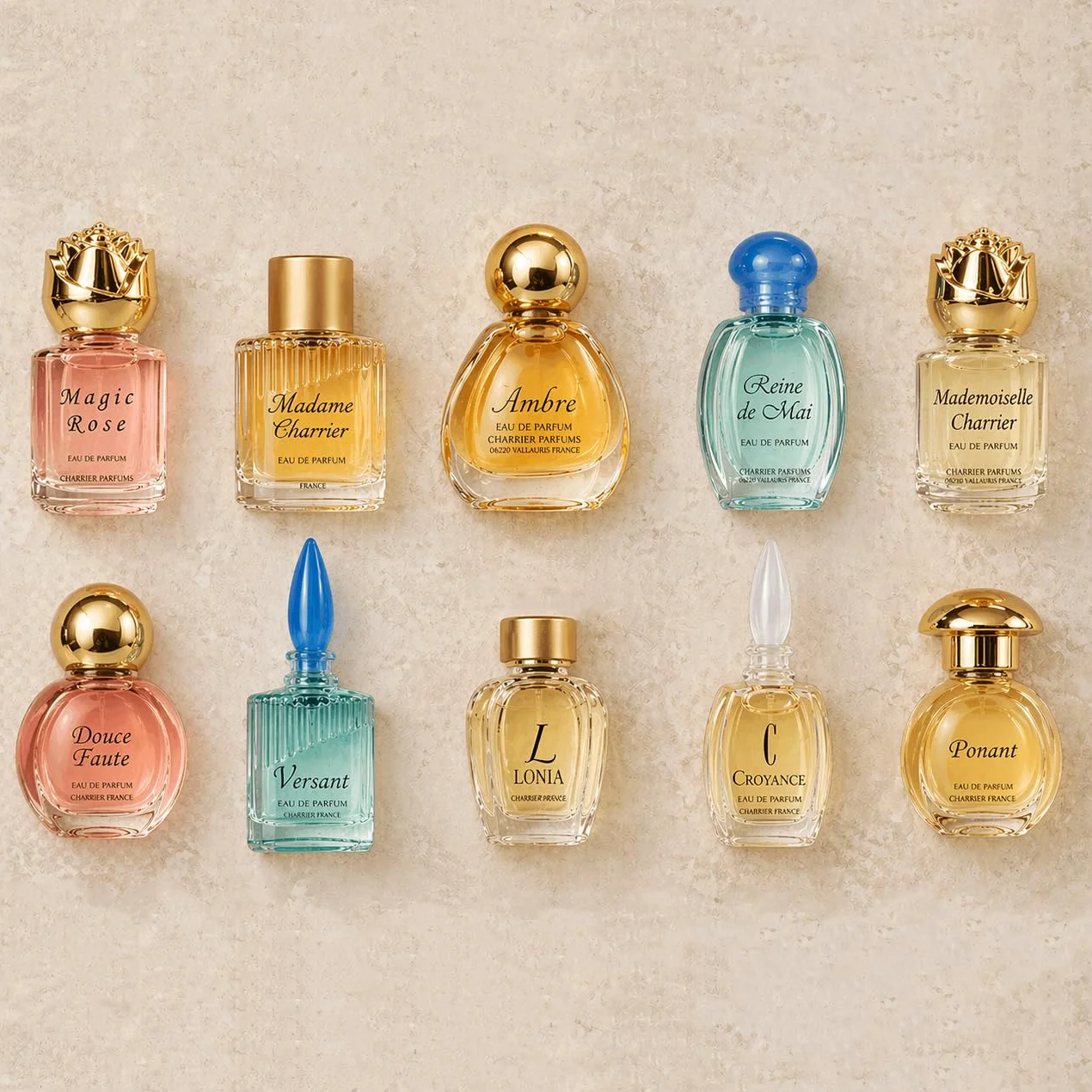 Charrier Parfums Top 10 Les Parfums de France - Caja lujosa de cartón con 10 botellas miniatura Eau De Parfum, Rojo, 52,7 ml