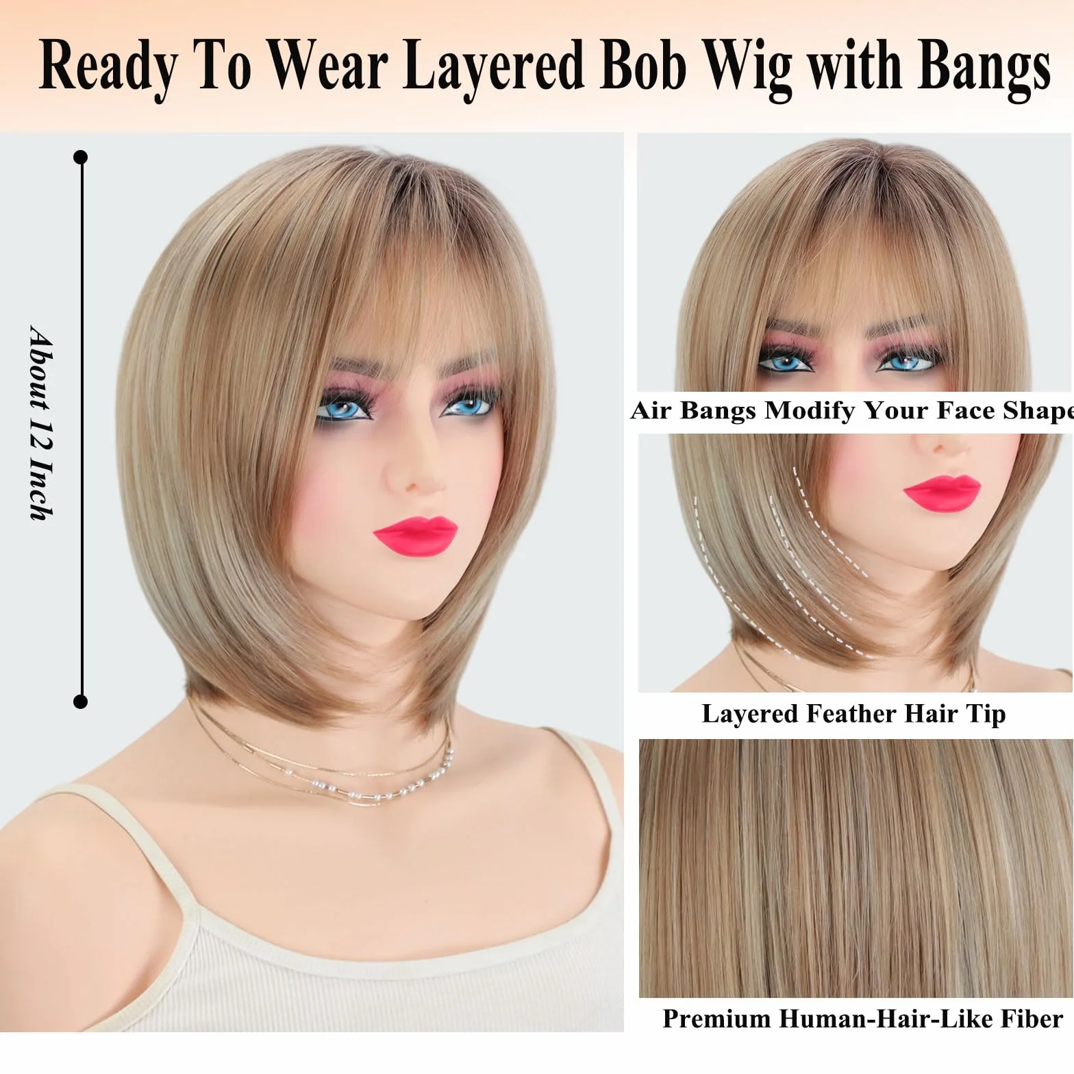 Peluca Bob Capas Sin Pegamento con Flequillo Pelo Natural para Mujer Cubre Canas