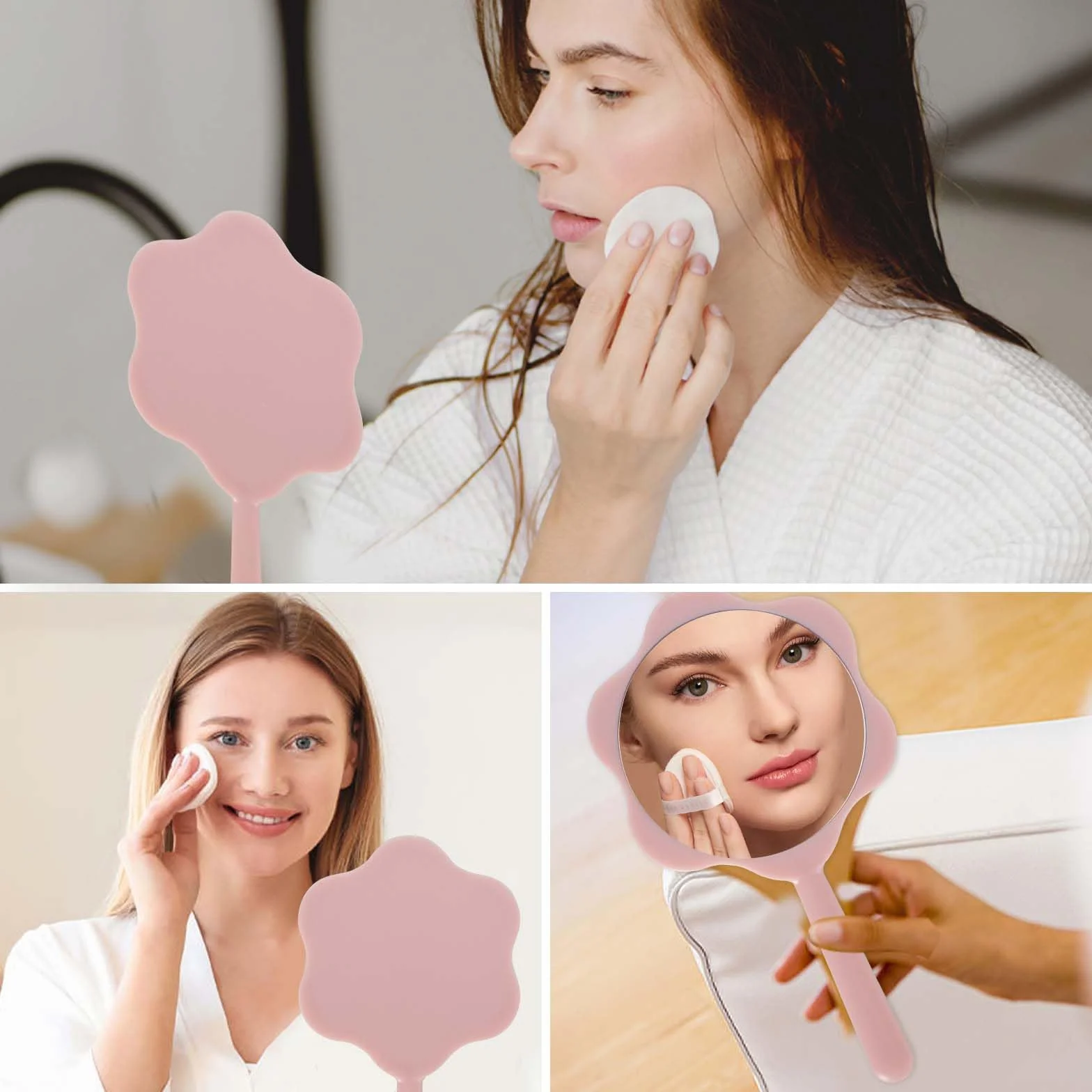 Espejo de mano flor con asa para maquillaje y peinado portátil rosa