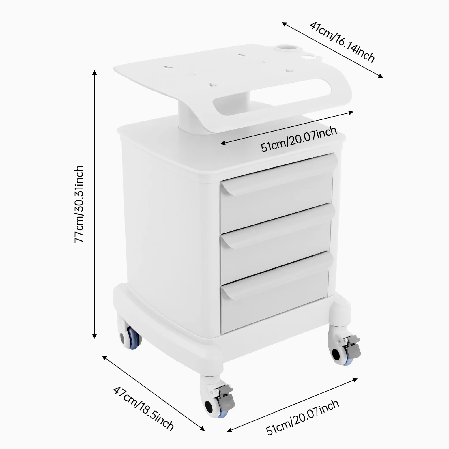Carro de cosméticos con ruedas, carrito médico con 3 cajones y estante, carro auxiliar de ABS, capacidad de carga de 30 kg, para peluquería/salón/clínica, carrito de laboratorio, 4 ruedas con frenos
