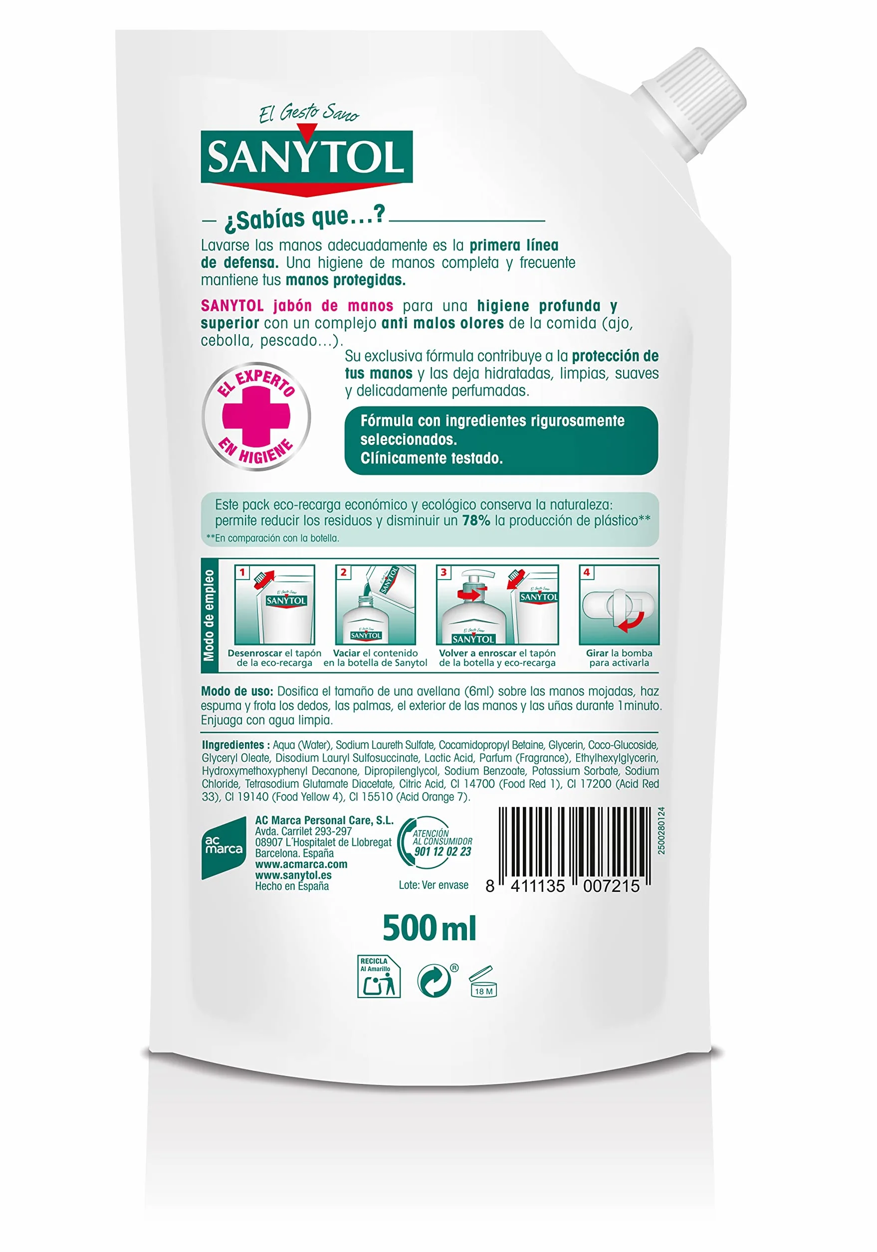 Sanytol Eco Recarga Jabón de Manos de Cocina Aroma Pomelo y Limón 500 ml