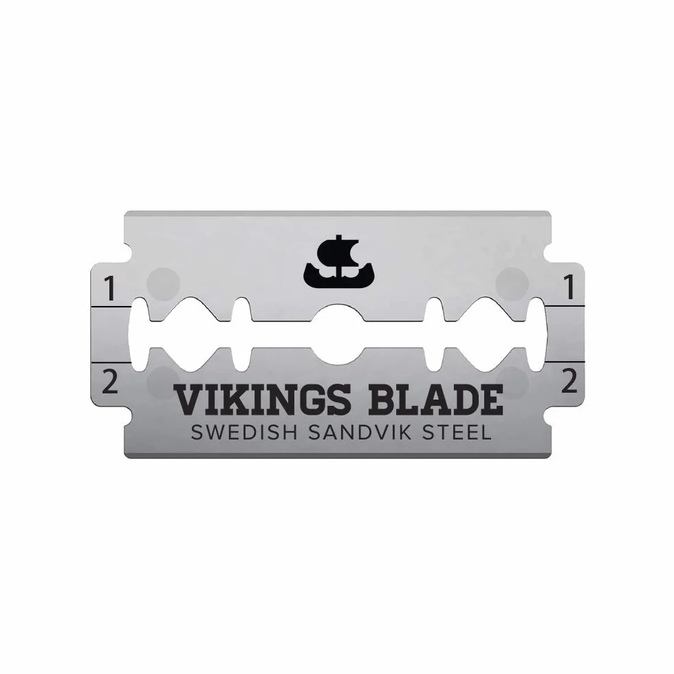 VIKINGS BLADE Cuchillas de afeitar de seguridad de doble filo, 50 cuchillas, acero sueco + revestimiento de platino, cuchillas de afeitar de repuesto y recambios (semiagresivas y seguras)